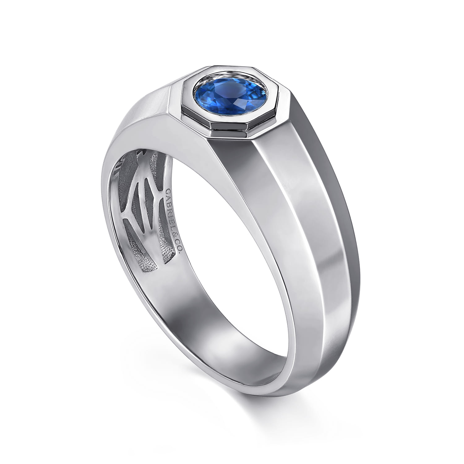 Round Sapphire Mens Engagement Ring in High Polish Finish in Sterling Silver, photograph 3