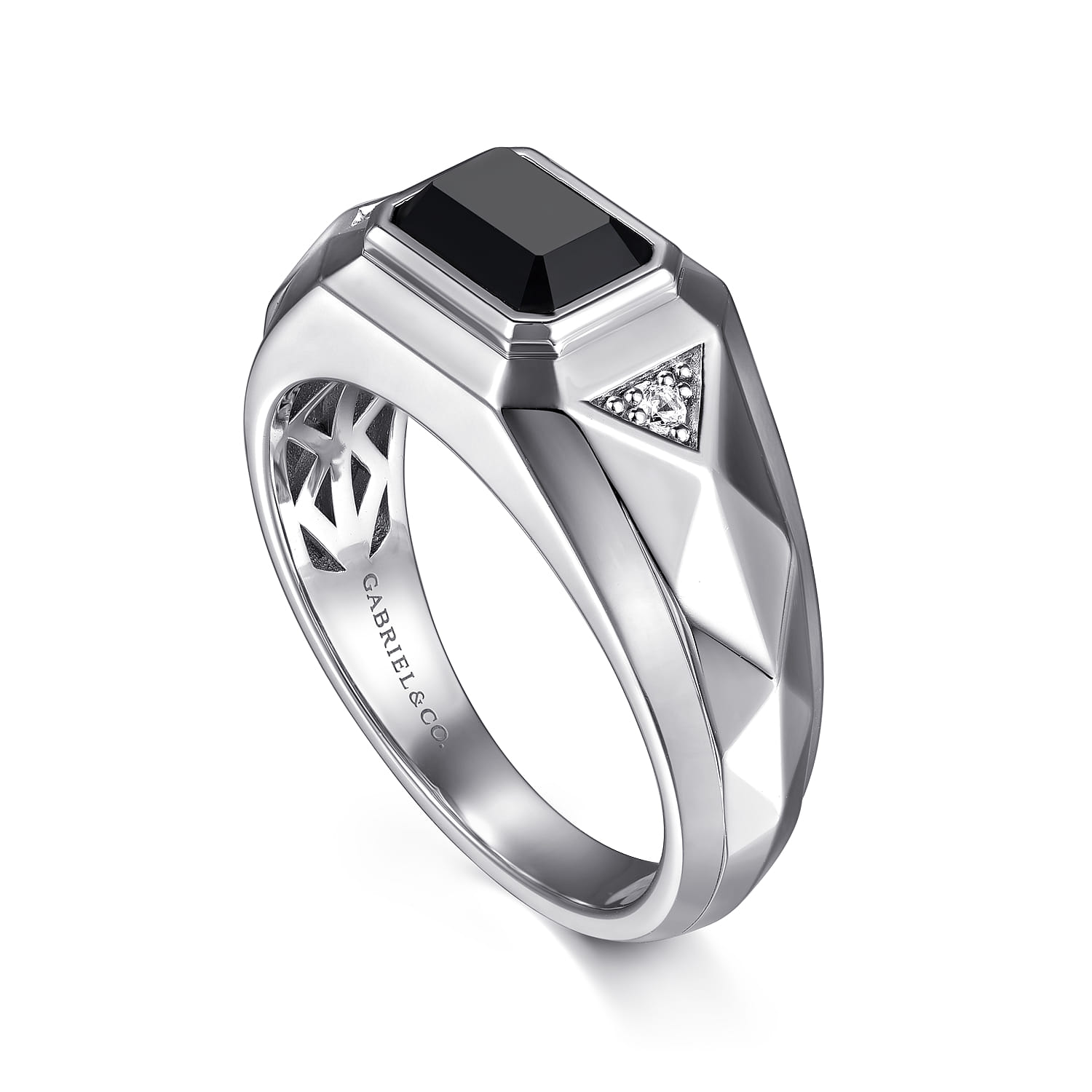Wide Faceted Mens Ring with Onyx in High Polished Finish in Sterling Silver, photograph 3