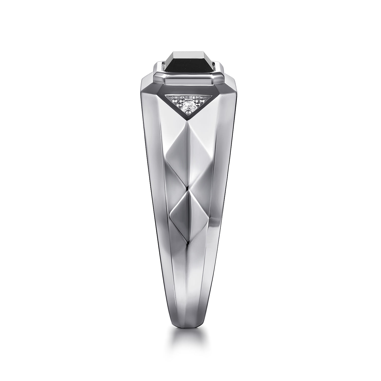 Wide Faceted Mens Ring with Onyx in High Polished Finish in Sterling Silver, photograph 4