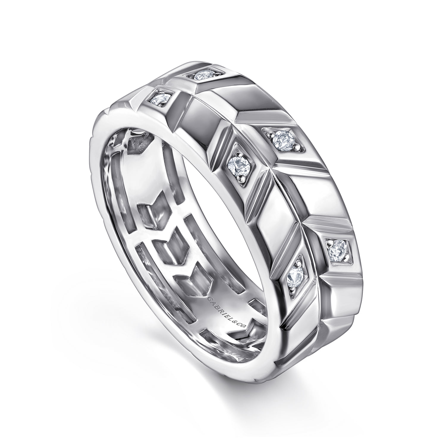 Faceted Diamond Fashion Men's Ring in 14K White Gold, photograph 3