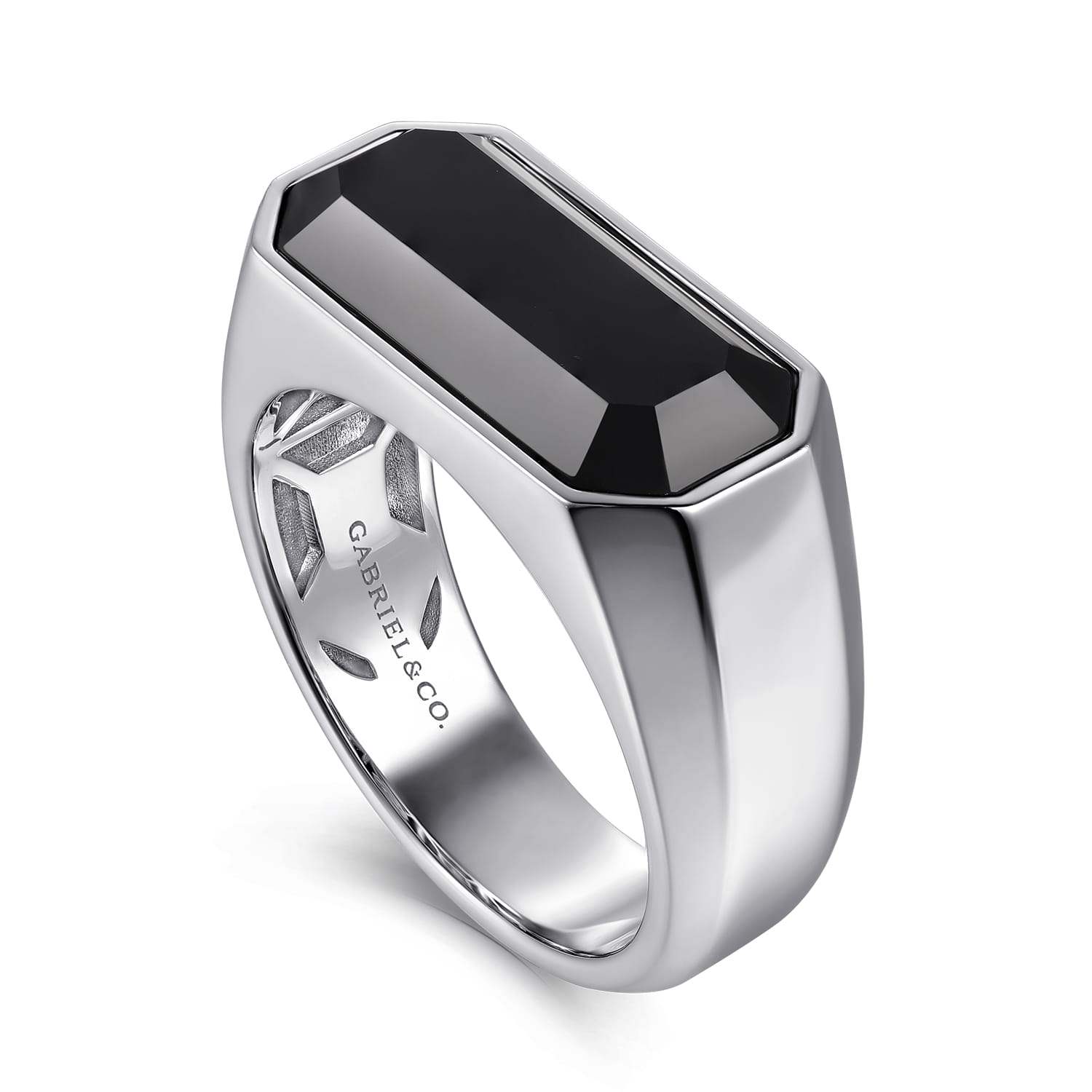 Wide Signet Ring with Faceted Onyx Stone in High Polish Finish in Sterling Silver, photograph 3