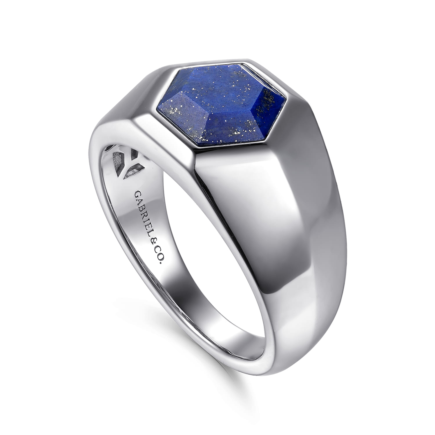 Wide Signet Ring with Faceted Lapis Stone in High Polish Finish in Sterling Silver, photograph 3