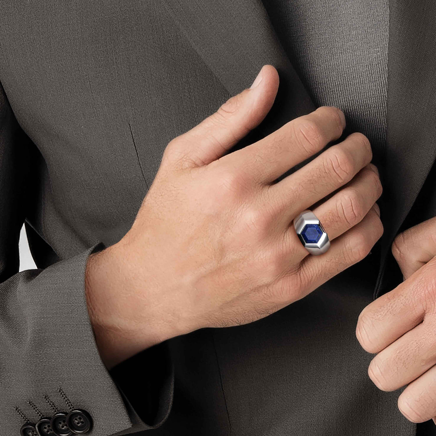 Wide Signet Ring with Faceted Lapis Stone in High Polish Finish in Sterling Silver, photograph 5