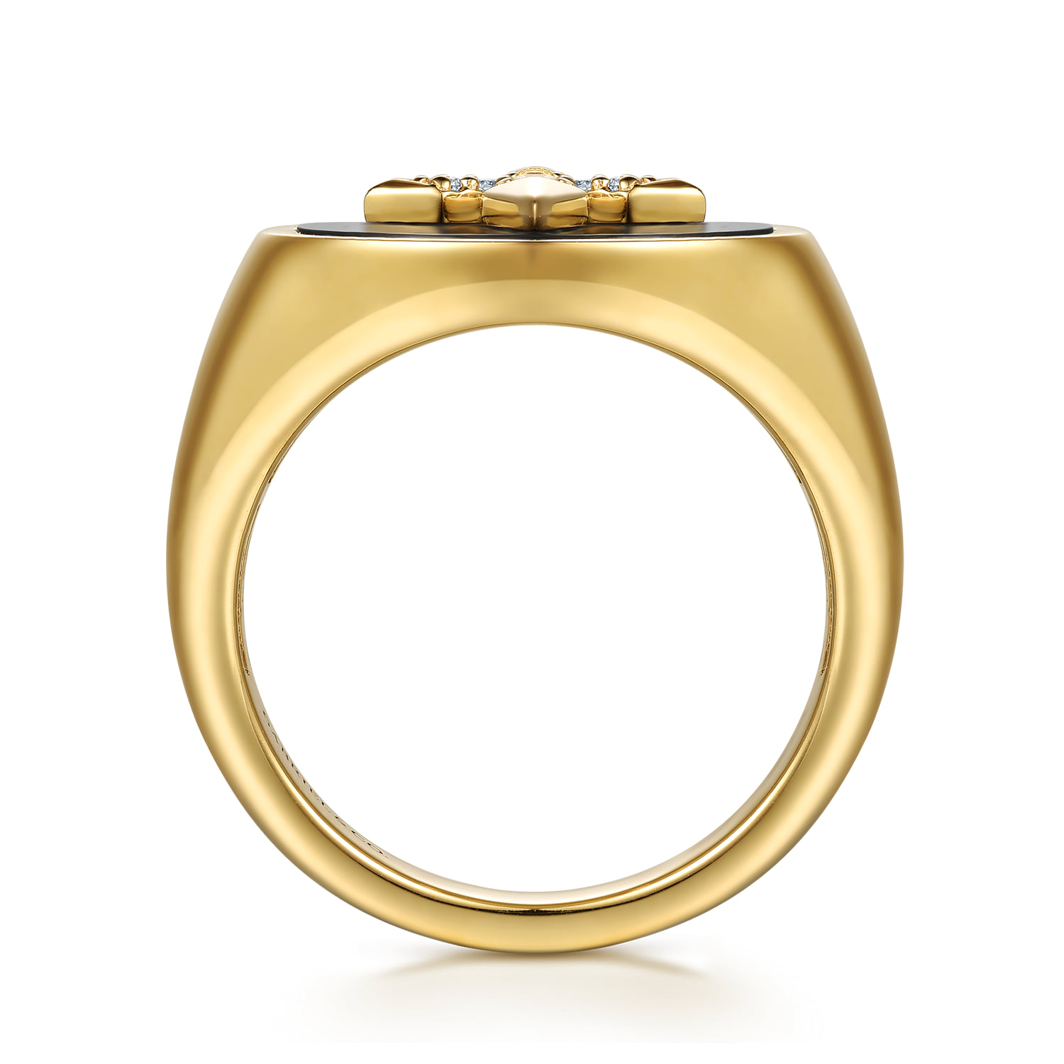 Wide Diamond and Onyx Cross Signet Ring in 14K Yellow Gold, photograph 2