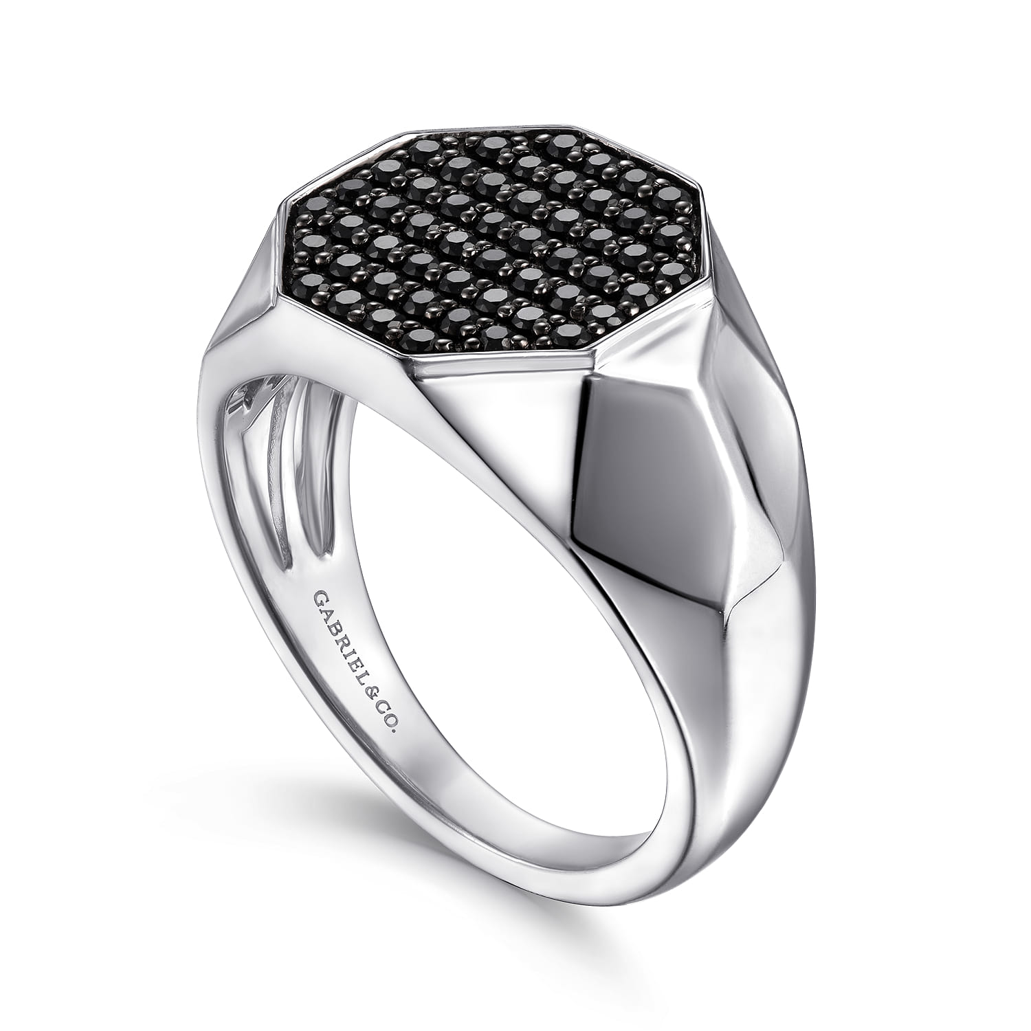 Wide Faceted Signet Ring with Black Spinel Pave in High Polished Finish in Sterling Silver, photograph 3