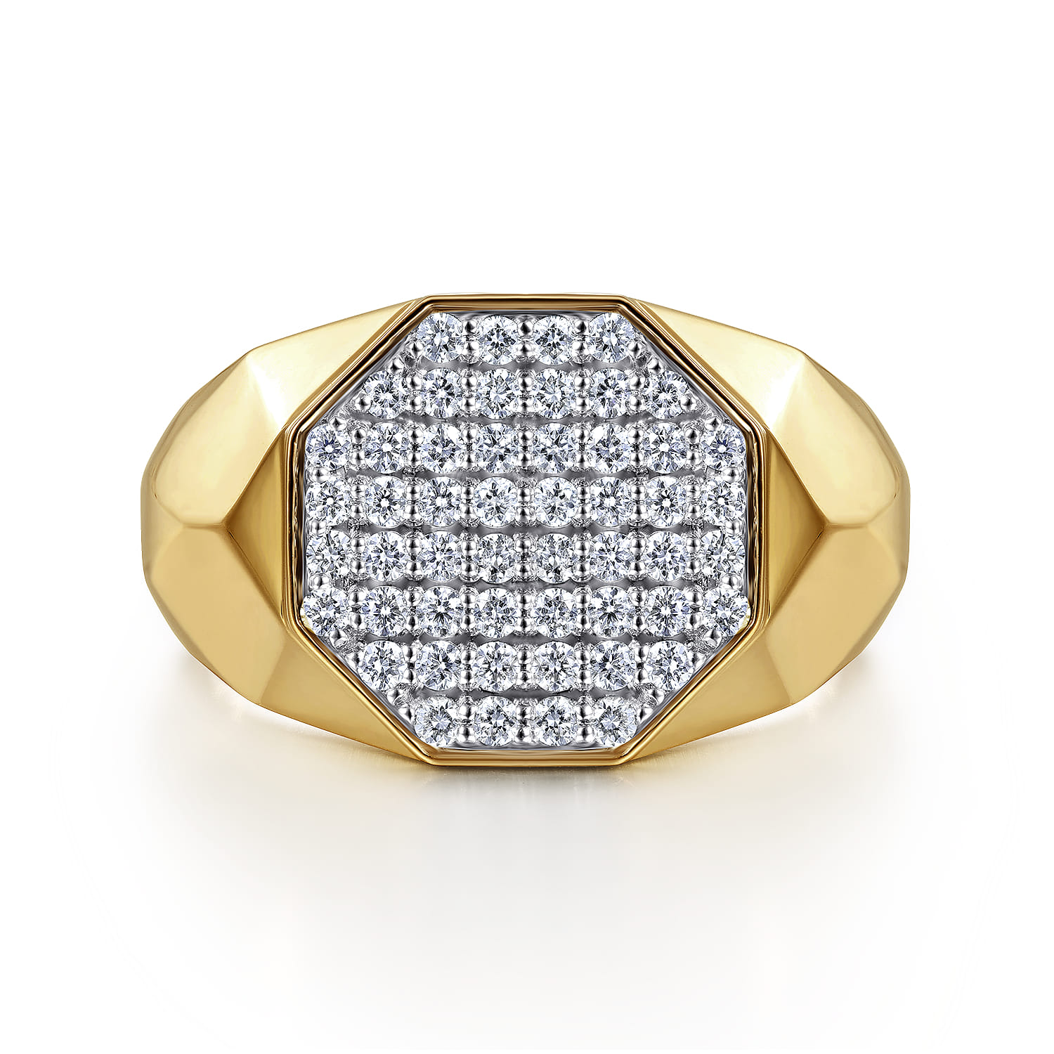 Wide Faceted Signet Ring with Pave Diamonds in High Polished Finish
