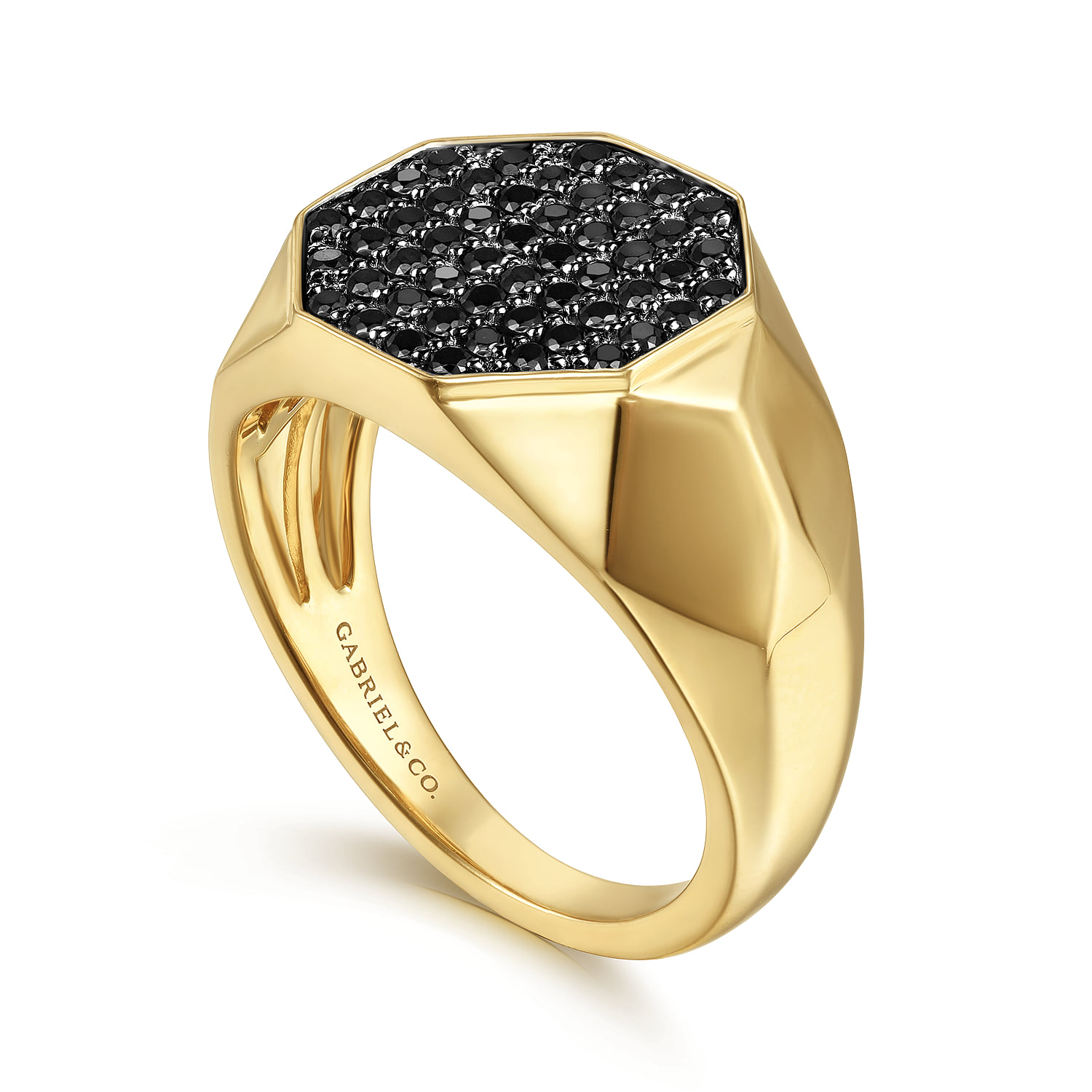 Wide Faceted Signet Ring with Black Diamond Pave in High Polished Finish in 14K Yellow Gold, photograph 3