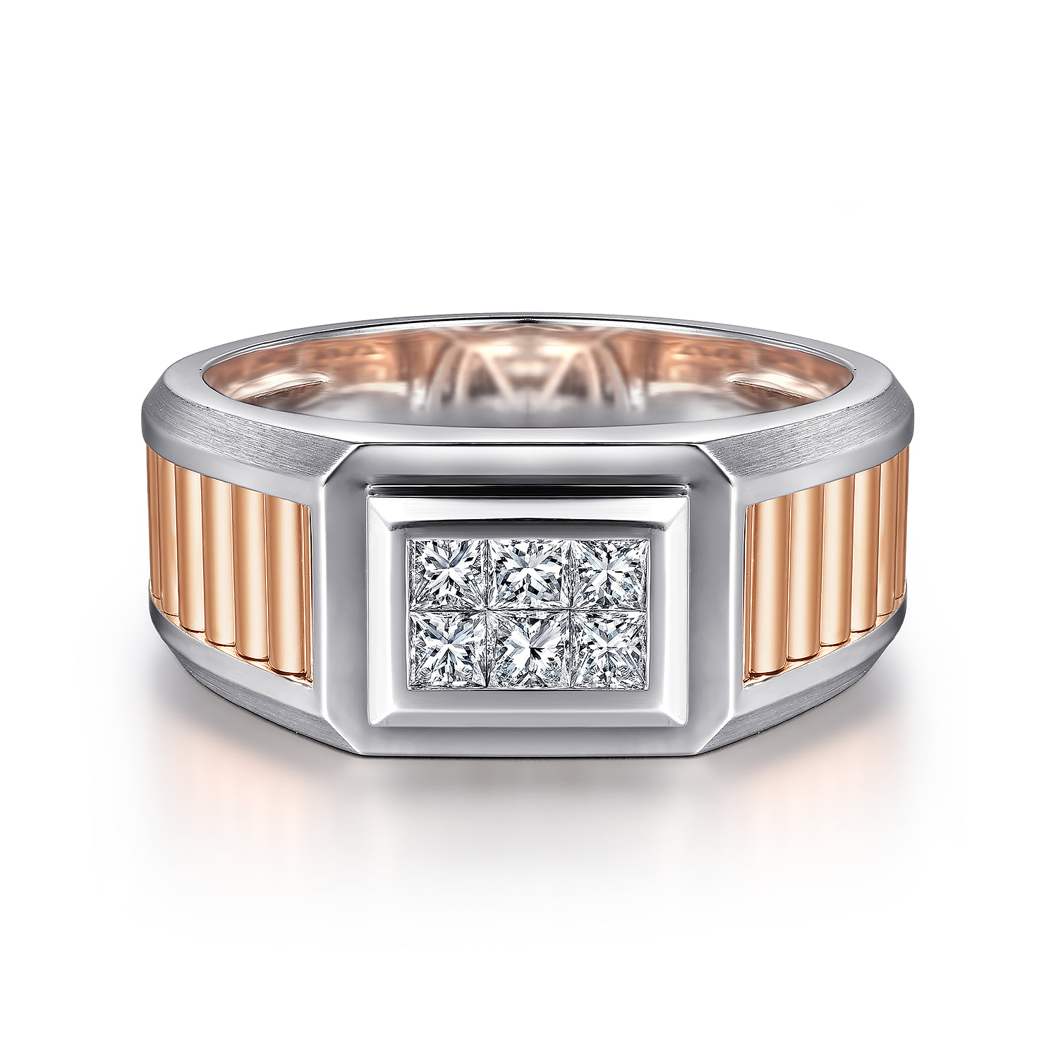 Wide Ring with Pave Diamonds in High Polished Finish in 14K White/Rose Gold