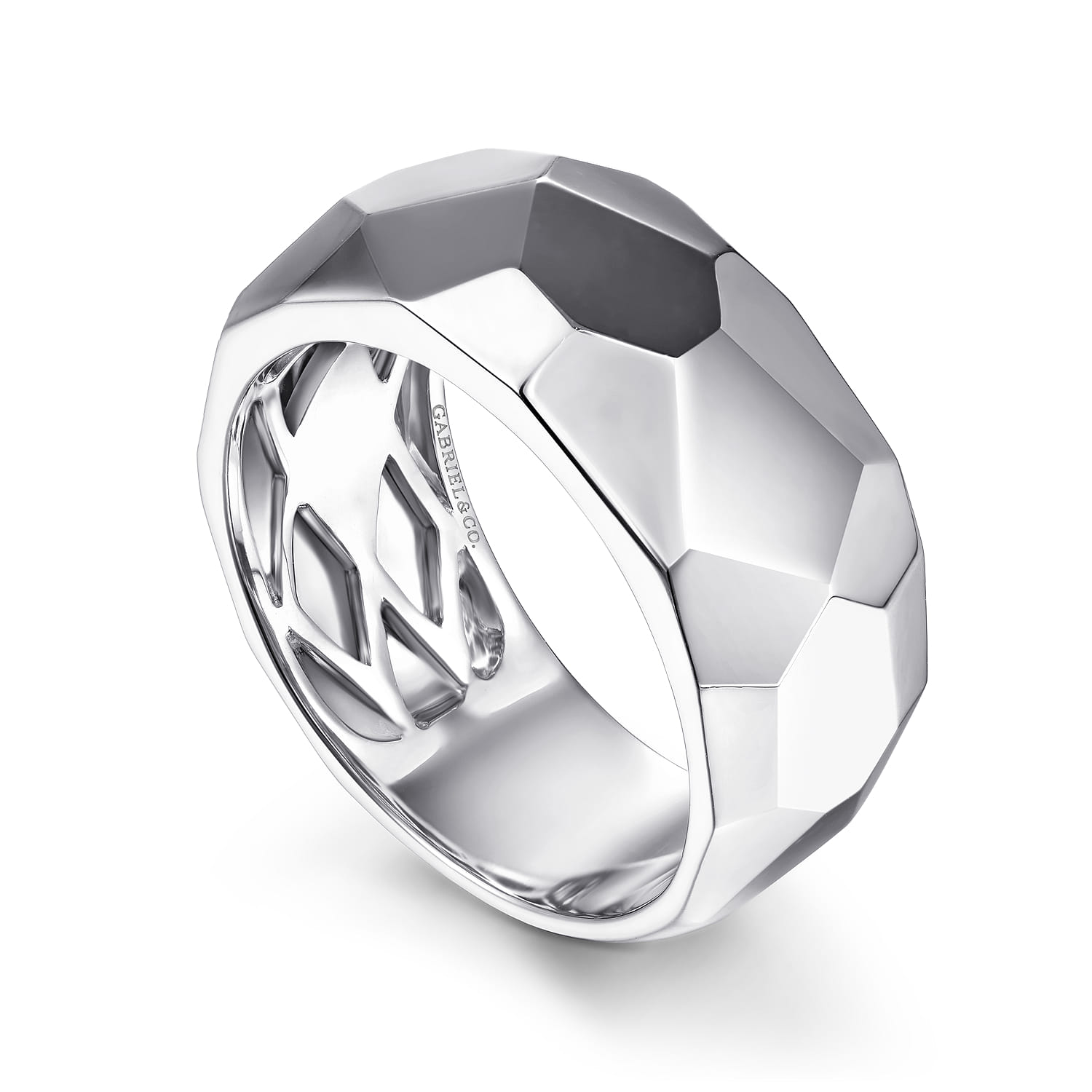 Wide Faceted Band in High Polished Finish in Sterling Silver, photograph 3