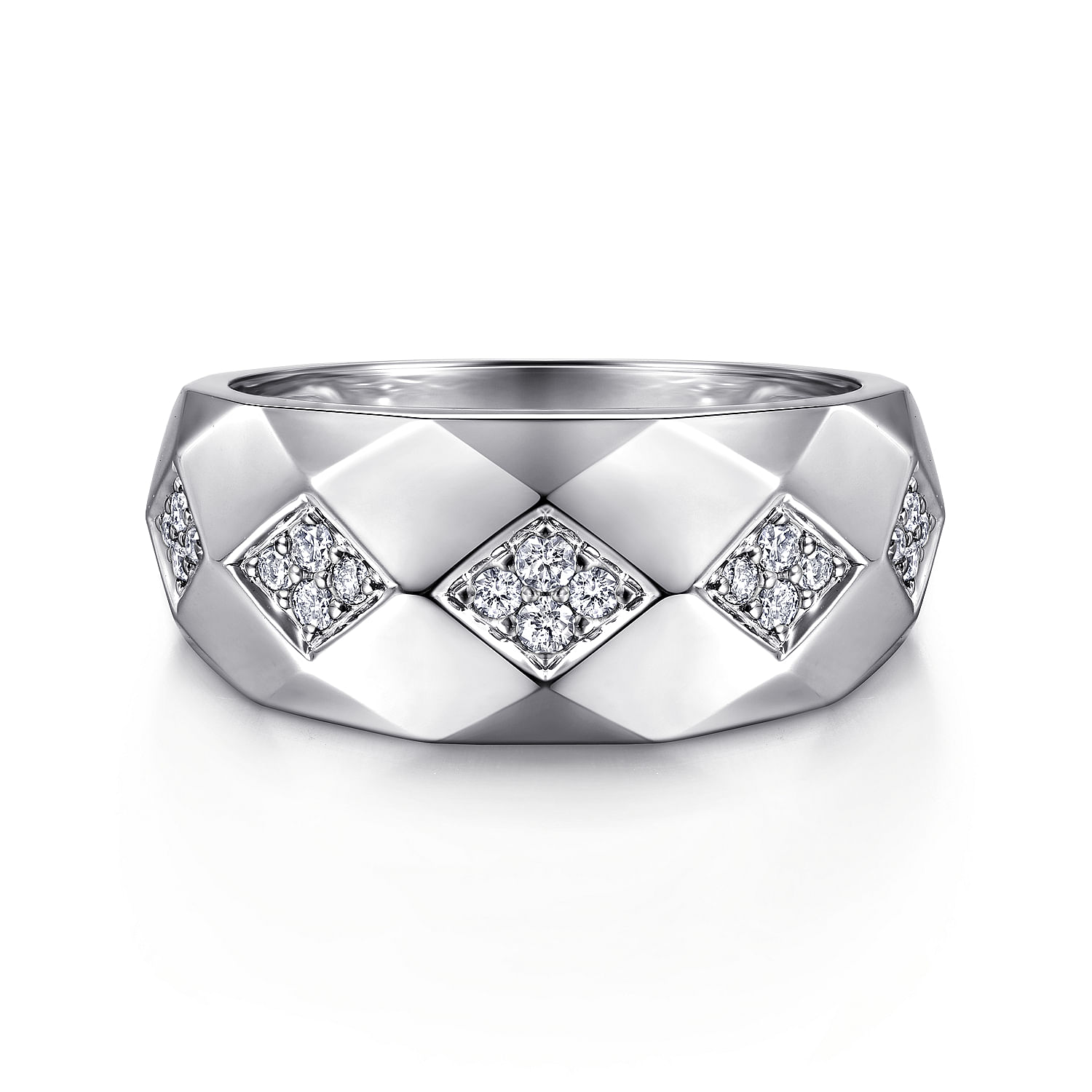 925 Sterling Silver Faceted Diamond Ring in High Polished