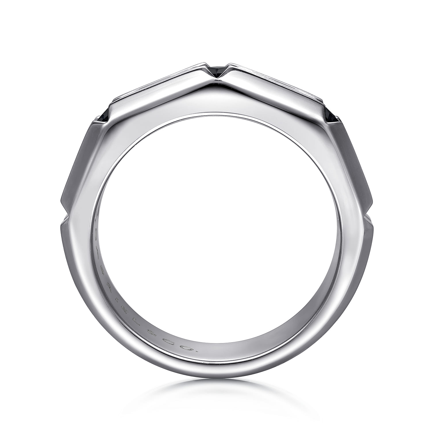 Ring with Princess Cut Black Spinel Stations in Horizontal Brush Finish in Sterling Silver, photograph 2