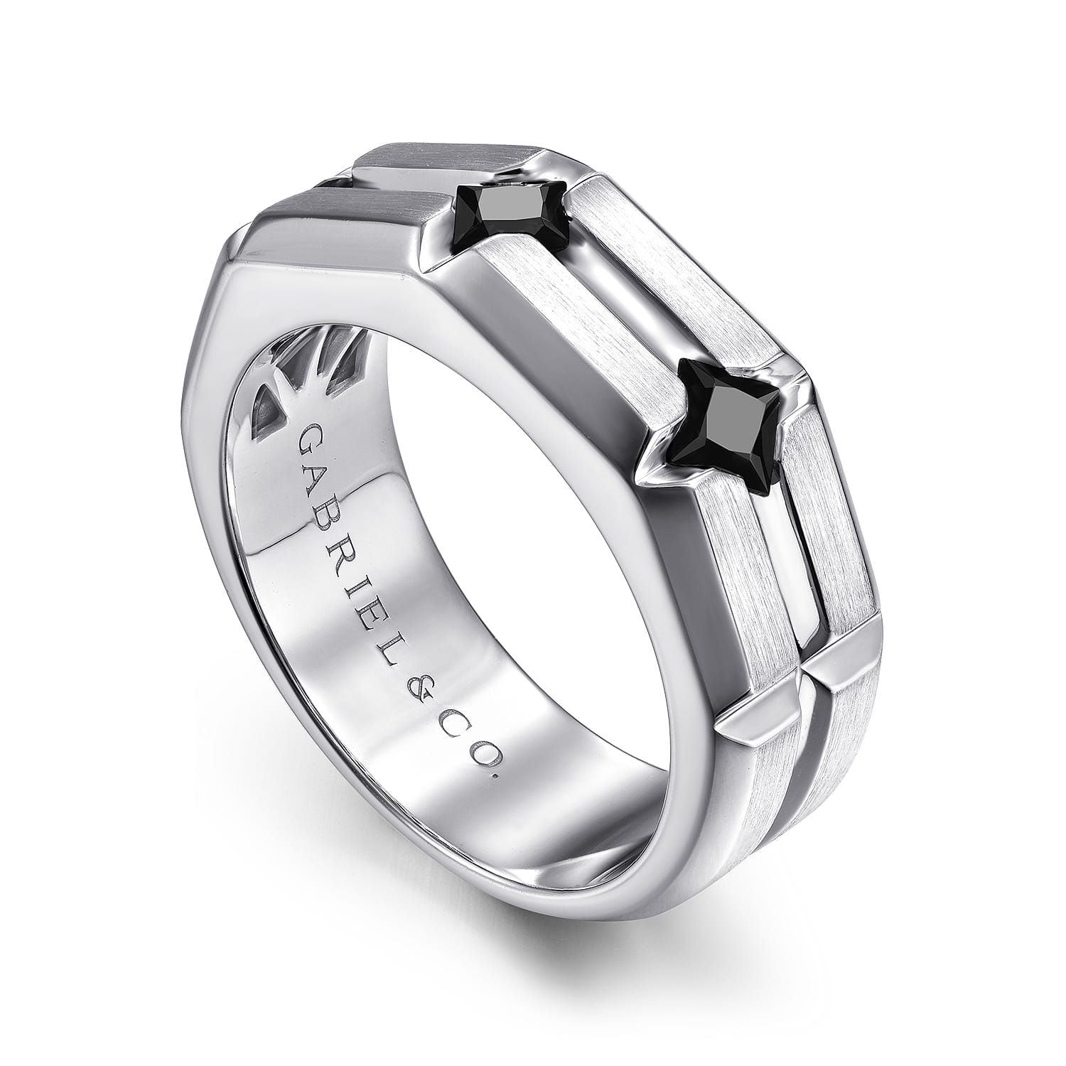 Ring with Princess Cut Black Spinel Stations in Horizontal Brush Finish in Sterling Silver, photograph 3