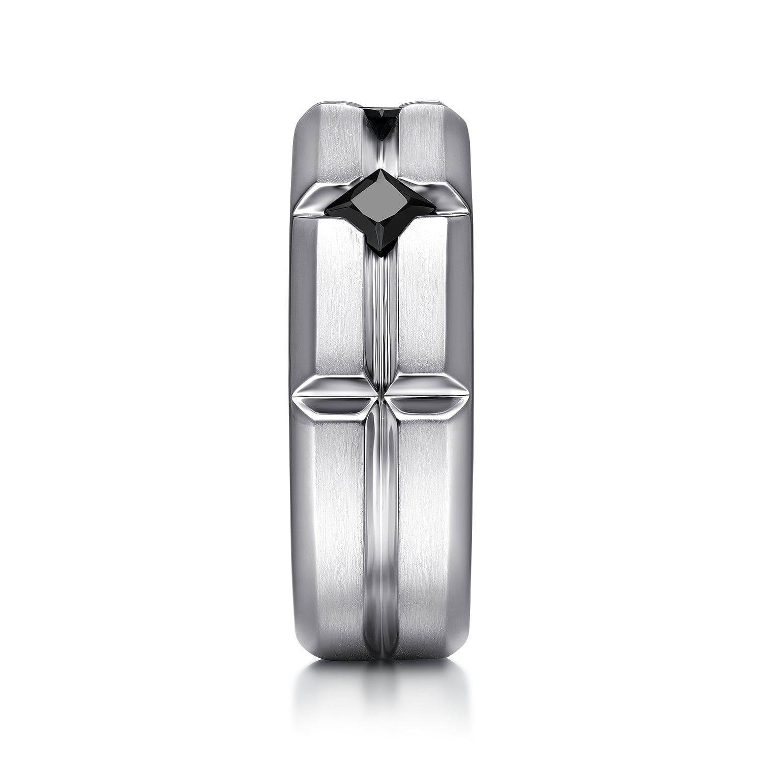 Ring with Princess Cut Black Spinel Stations in Horizontal Brush Finish in Sterling Silver, photograph 4