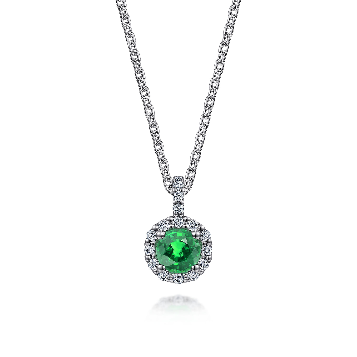 18 inch Round Emerald and Diamond Halo Pendant Necklace