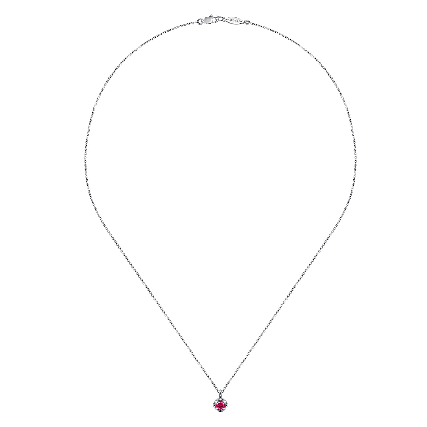 18 inch Round Ruby and Diamond Halo Pendant Necklace in 14K White Gold, photograph 2