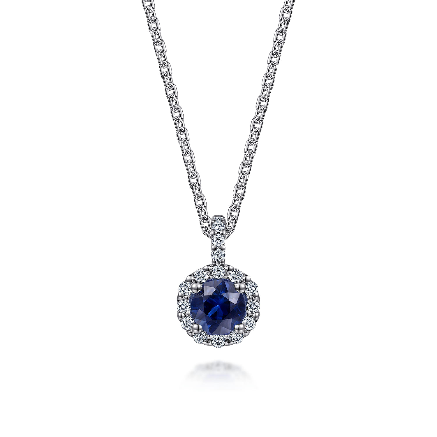 18 inch Round Sapphire and Diamond Halo Pendant Necklace