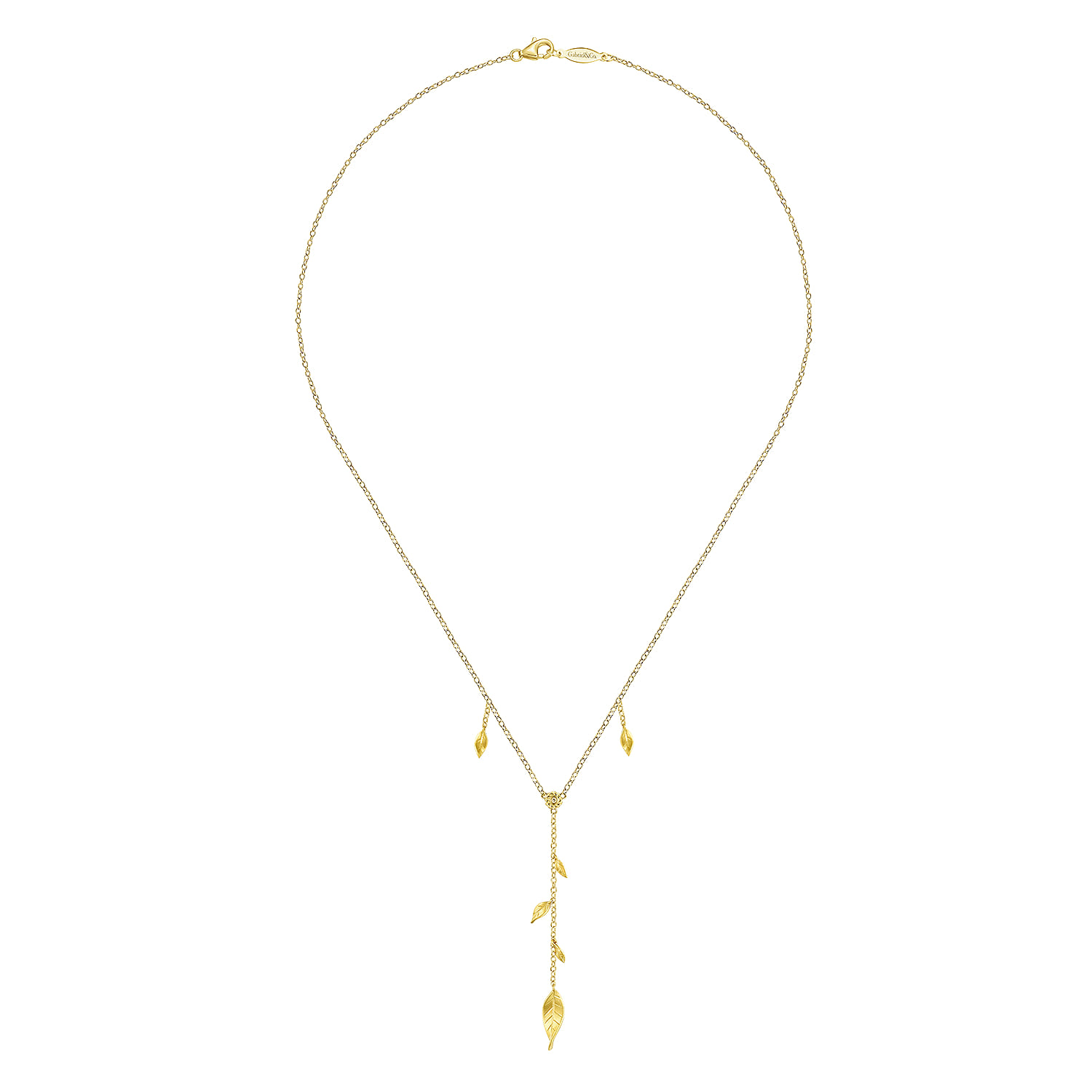 18 inch Y Necklace with Leaf Drops and Center Diamond in 14K Yellow Gold, photograph 2