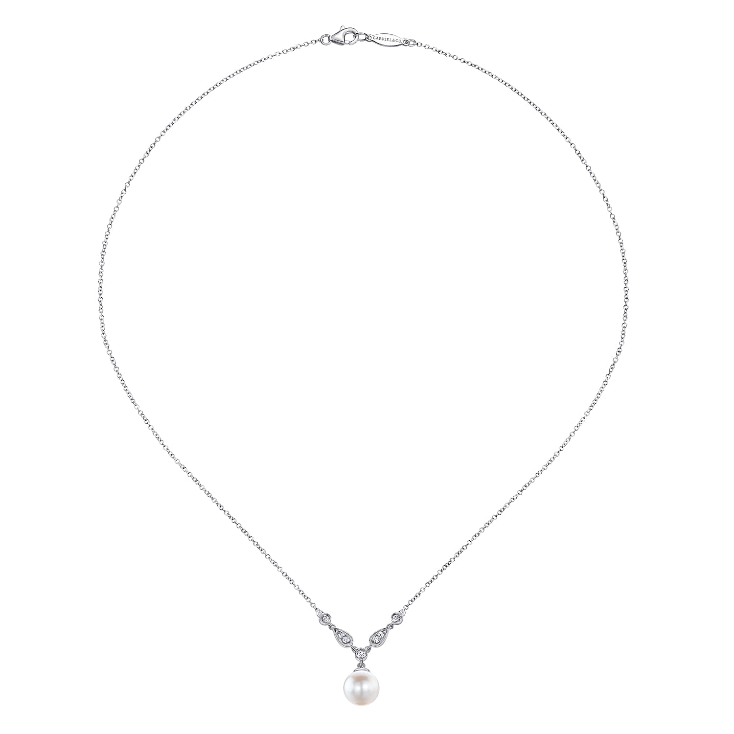 Cultured Pearl and Diamond Accent Necklace in 14K White Gold, photograph 2