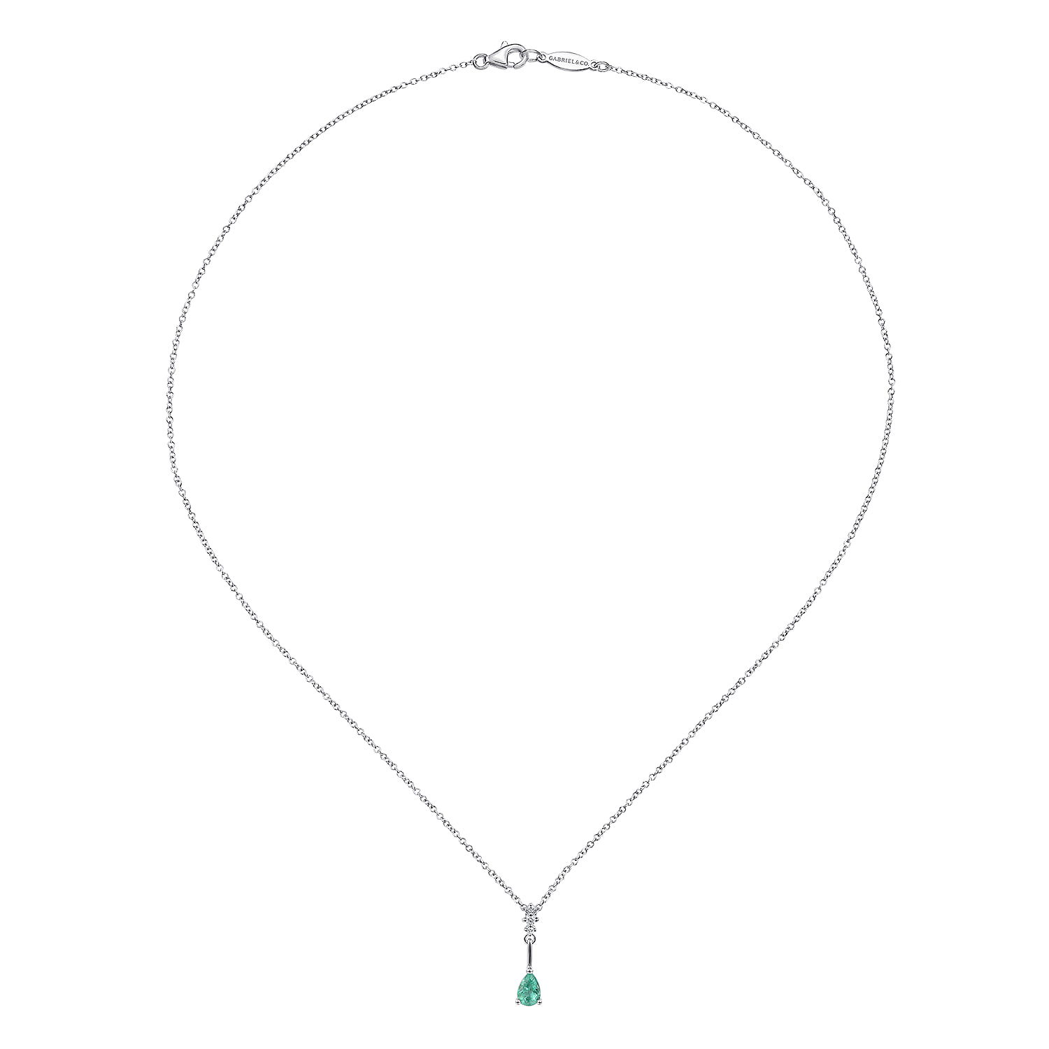 Pear Shaped Emerald and Diamond Drop Pendant Necklace in 14K White Gold, photograph 2