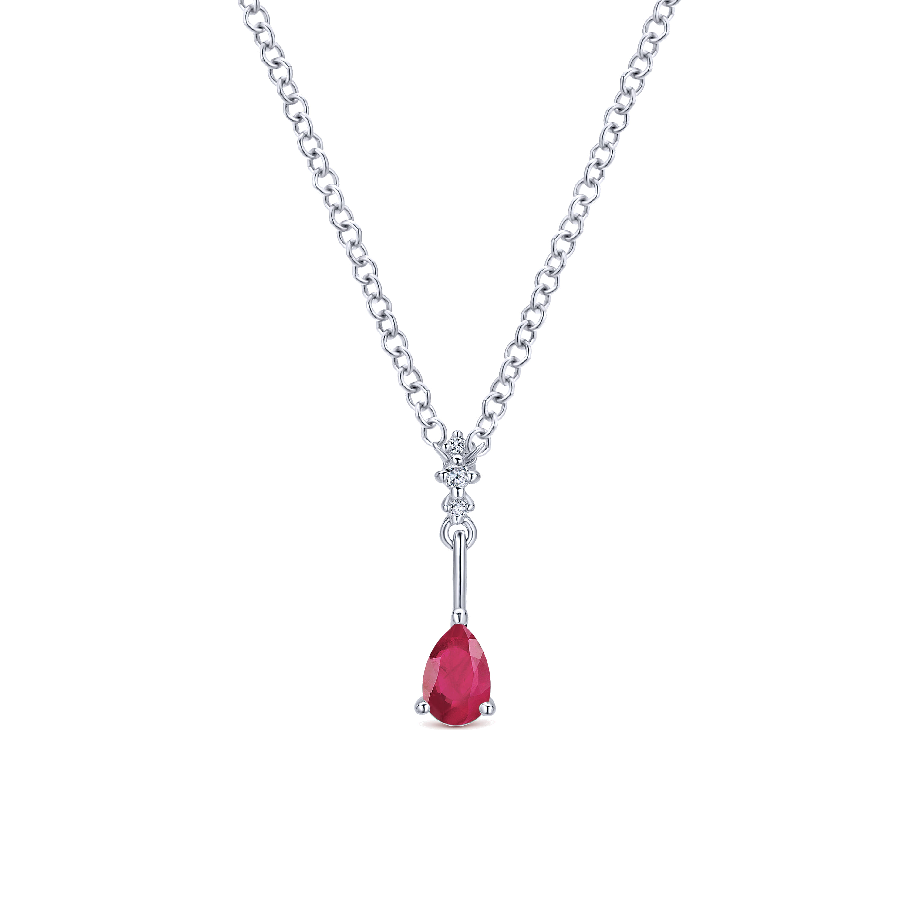 Pear Shaped Ruby and Diamond Drop Pendant Necklace