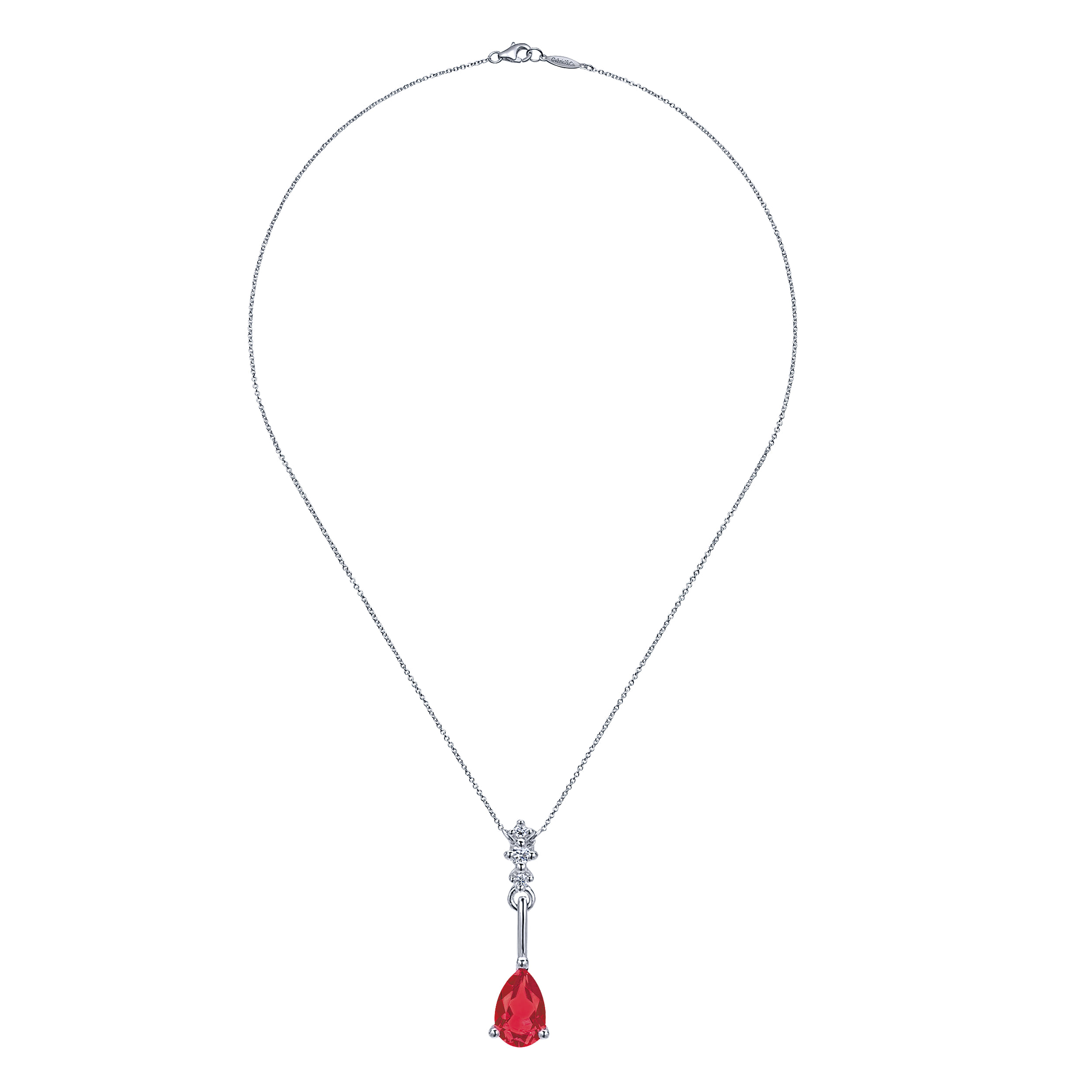 Pear Shaped Ruby and Diamond Drop Pendant Necklace in 14K White Gold, photograph 2