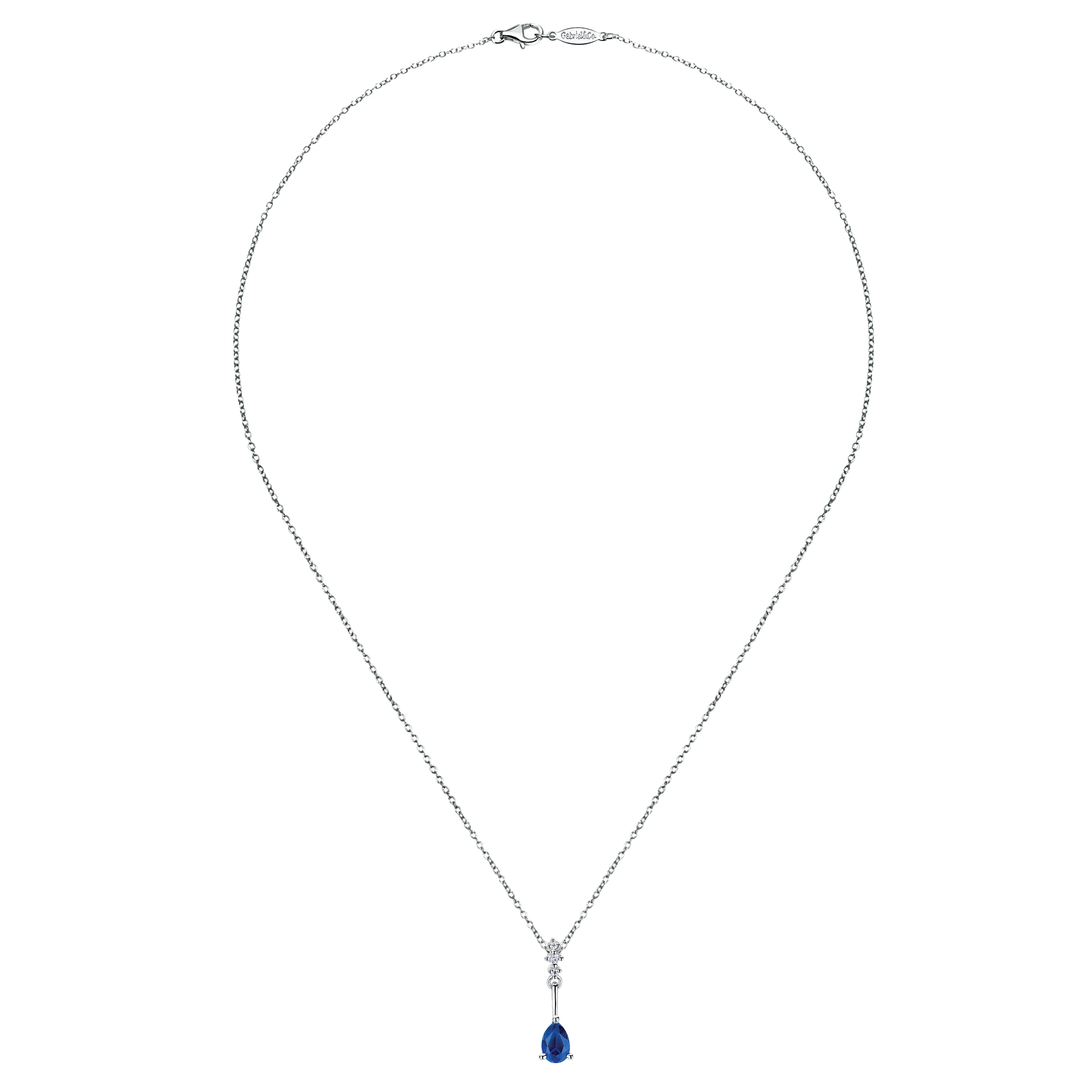 Pear Shaped Sapphire and Diamond Drop Pendant Necklace in 14K White Gold, photograph 2