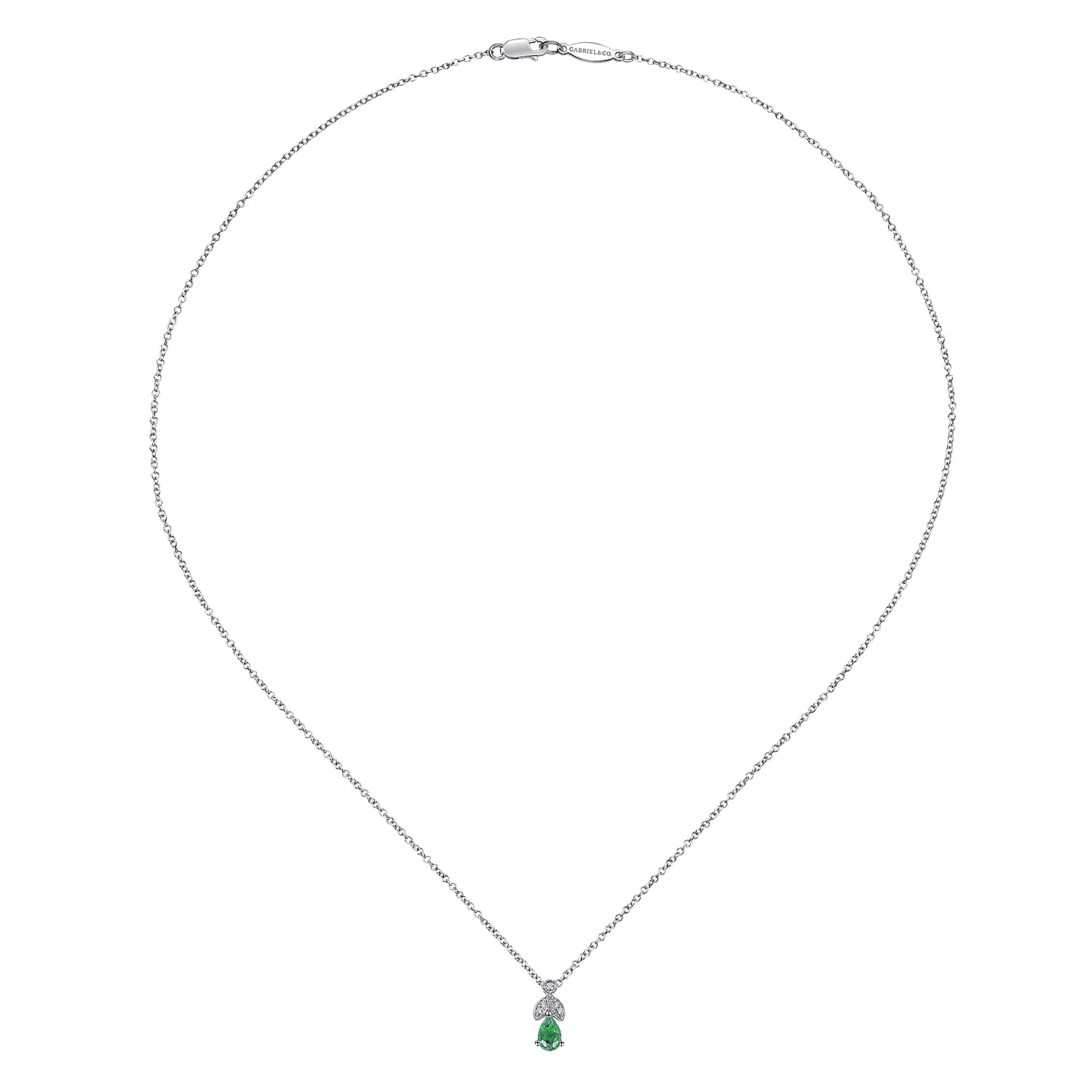 Emerald and Diamond Teardrop Pendant Necklace in 14K White Gold, photograph 2