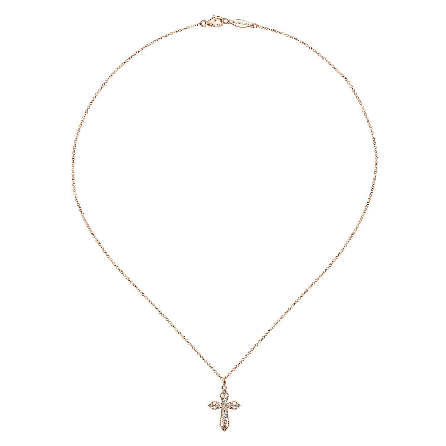 Openwork Diamond Cross Necklace in 14K Rose Gold, photograph 2