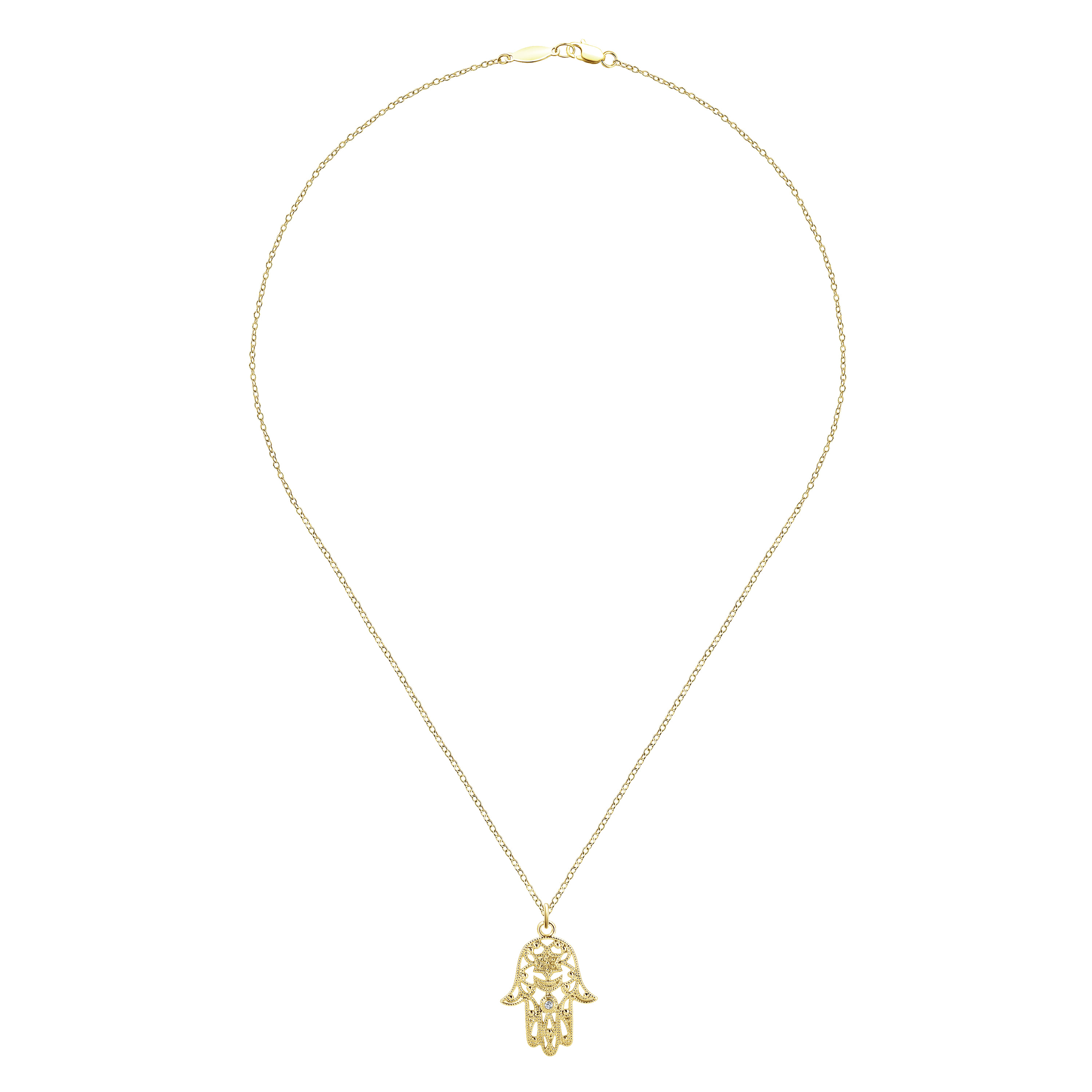 18 inch Filigree Diamond Hamsa Pendant Necklace in 14K Yellow Gold, photograph 2