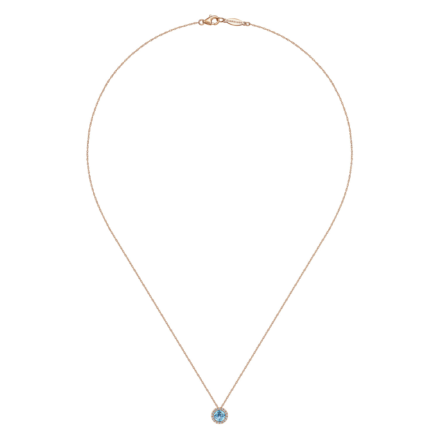Round Swiss Blue Topaz and Diamond Halo Pendant Necklace in 14K Rose Gold, photograph 2