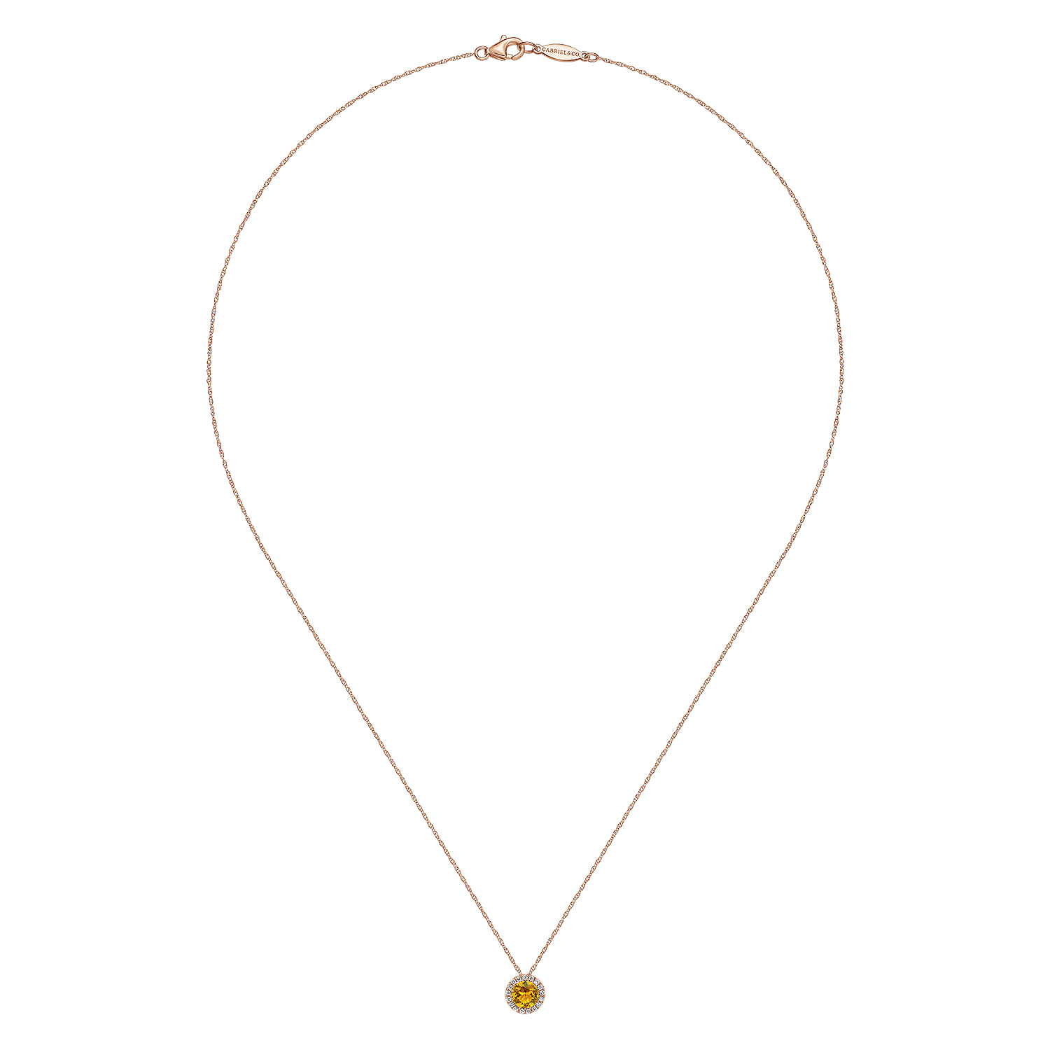 Round Citrine and Diamond Halo Pendant Necklace in 14K Rose Gold, photograph 2