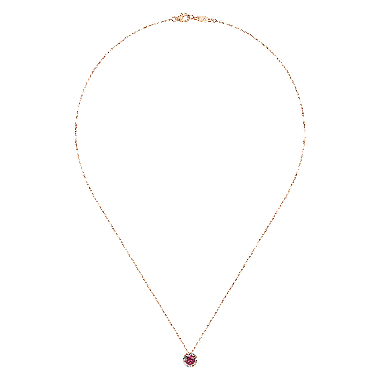 Round Cut Diamond Halo Pink Tourmaline Pendant Necklace in 14K Rose Gold, photograph 2