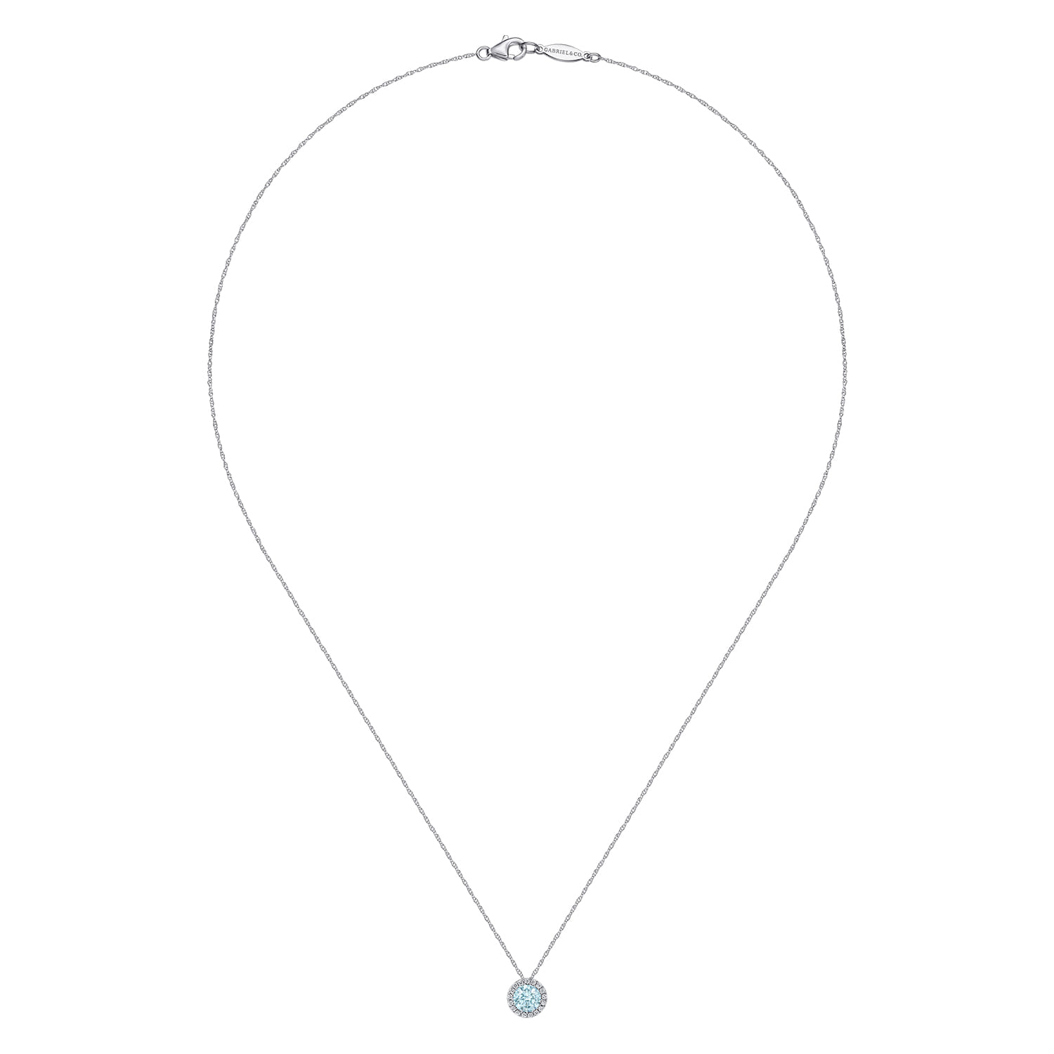 Aquamarine and Diamond Halo Pendant Necklace in 14K White Gold, photograph 2