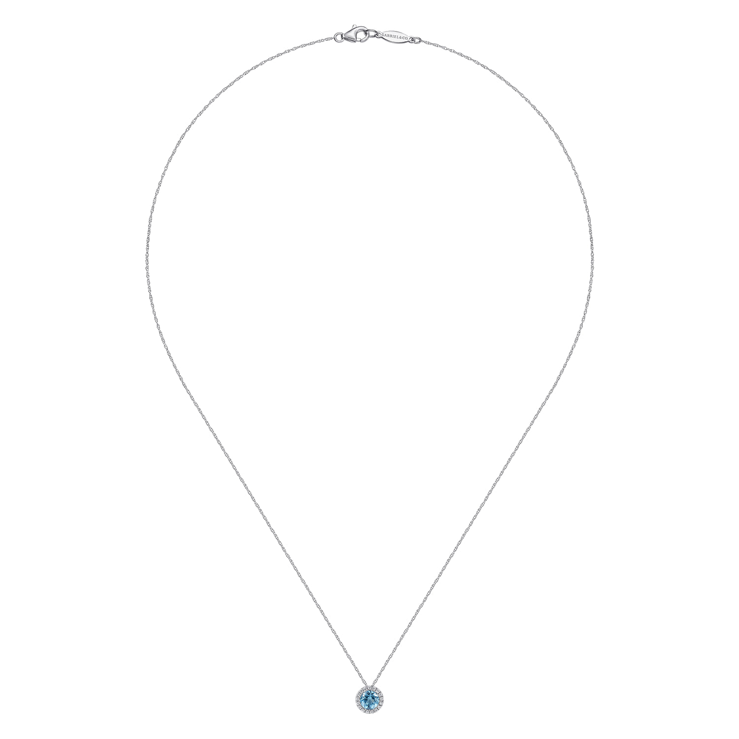 Round Swiss Blue Topaz and Diamond Halo Pendant Necklace in 14K White Gold, photograph 2