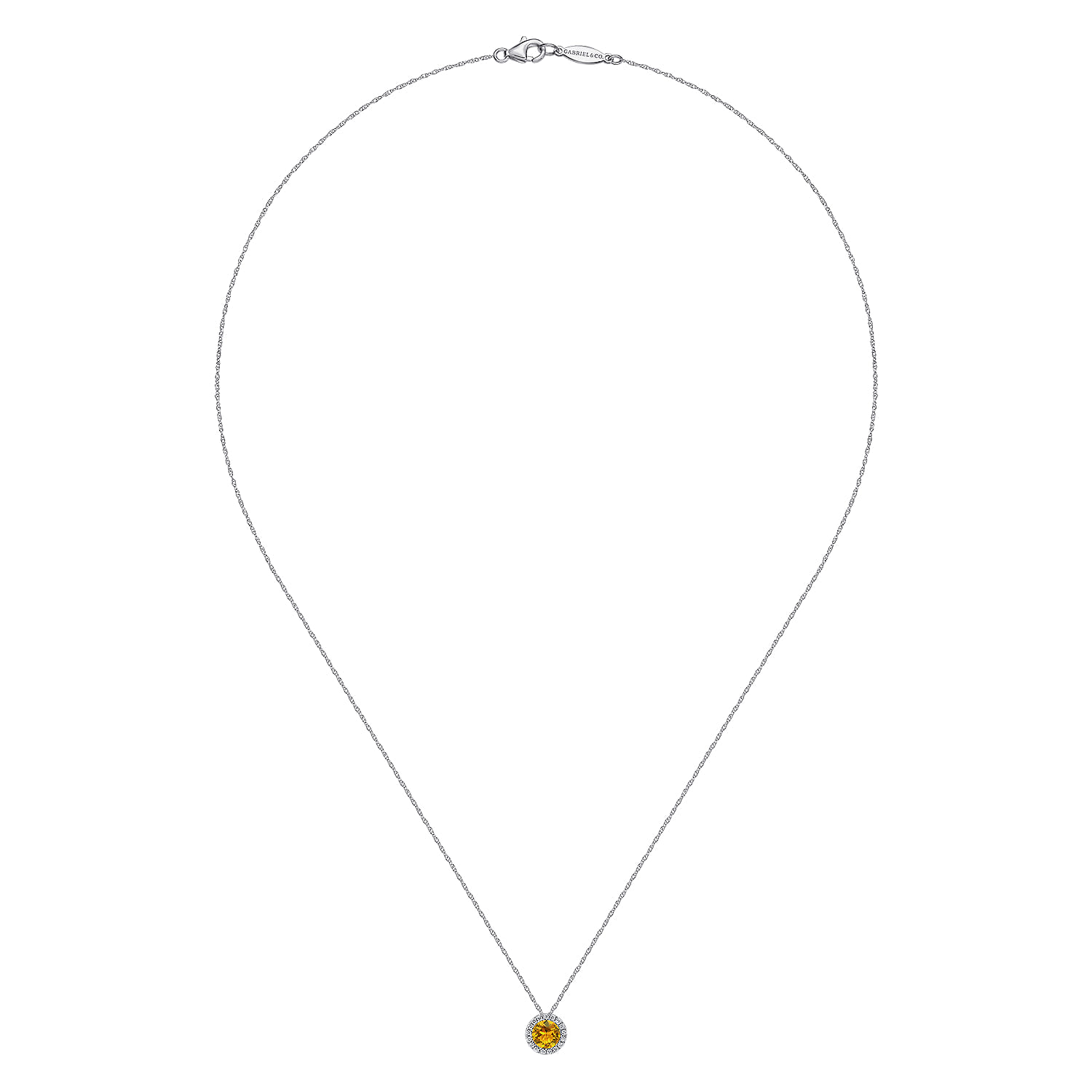Round Citrine and Diamond Halo Pendant Necklace in 14K White Gold, photograph 2