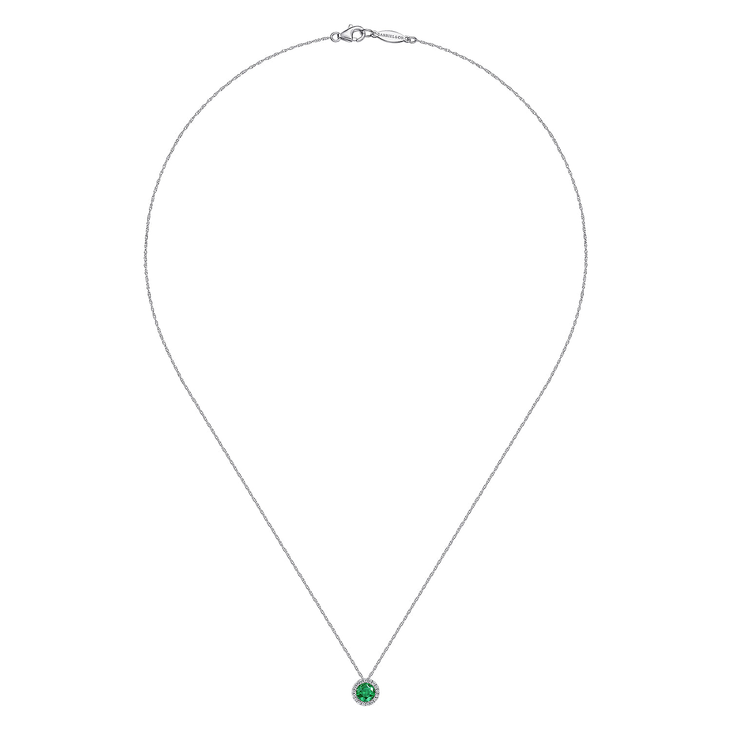 Emerald and Diamond Halo Pendant Necklace in 14K White Gold, photograph 2