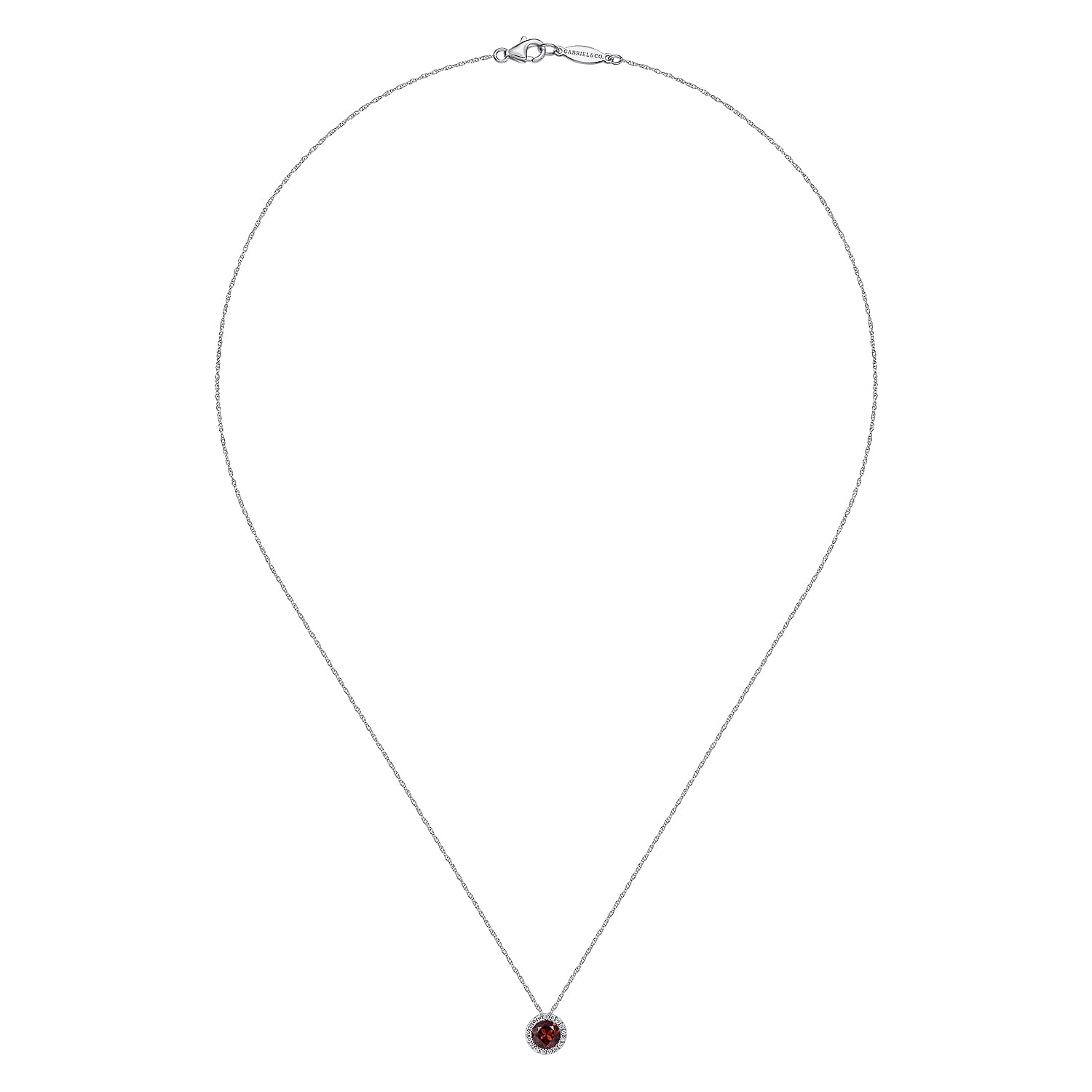 Garnet and Diamond Halo Pendant Necklace in 14K White Gold, photograph 2