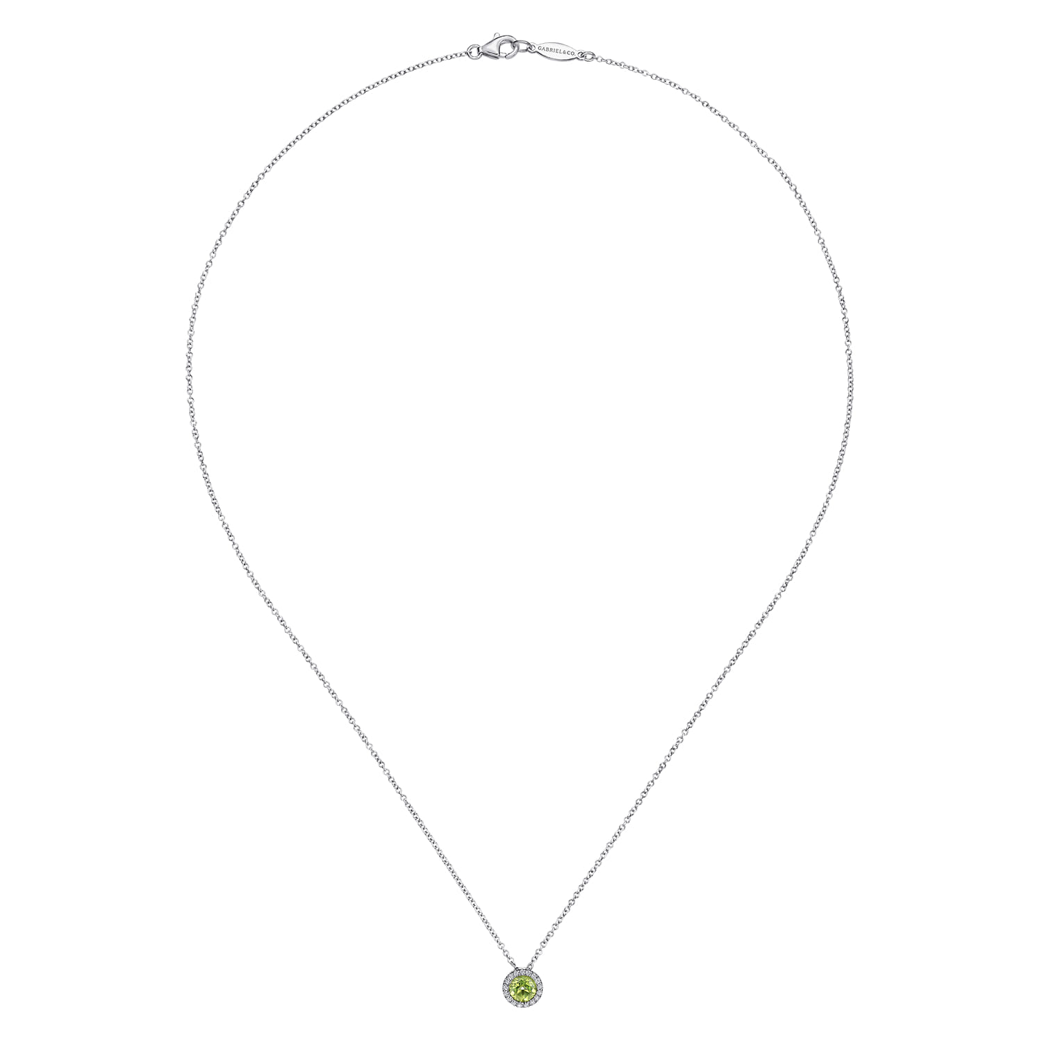 Peridot and Diamond Halo Pendant Necklace in 14K White Gold, photograph 2
