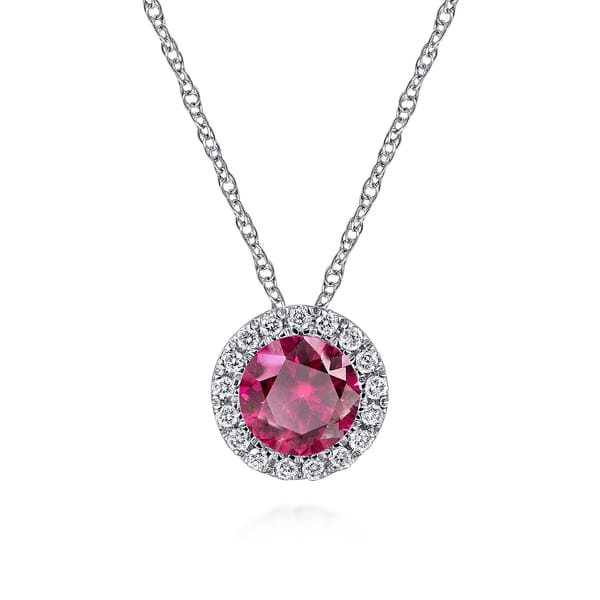 14K White Gold Ruby and Diamond Halo Pendant Necklace