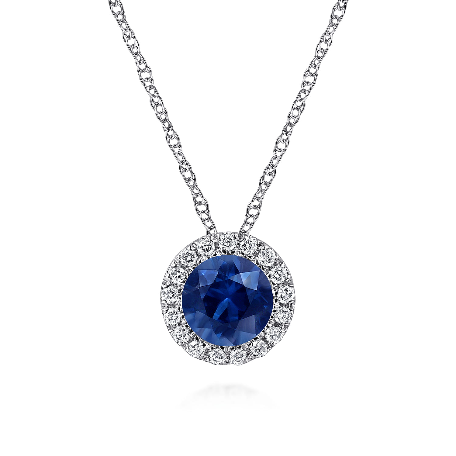 Sapphire and Diamond Halo Pendant Necklace in 14K White Gold