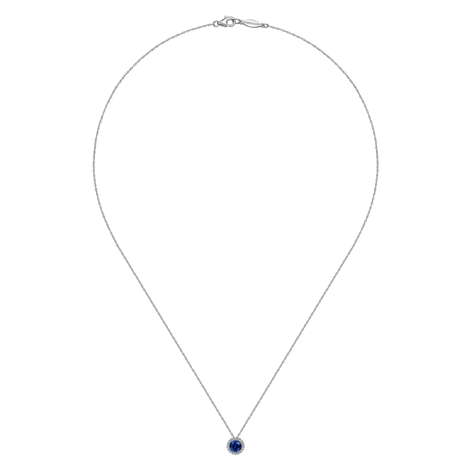 Sapphire and Diamond Halo Pendant Necklace in 14K White Gold, photograph 2