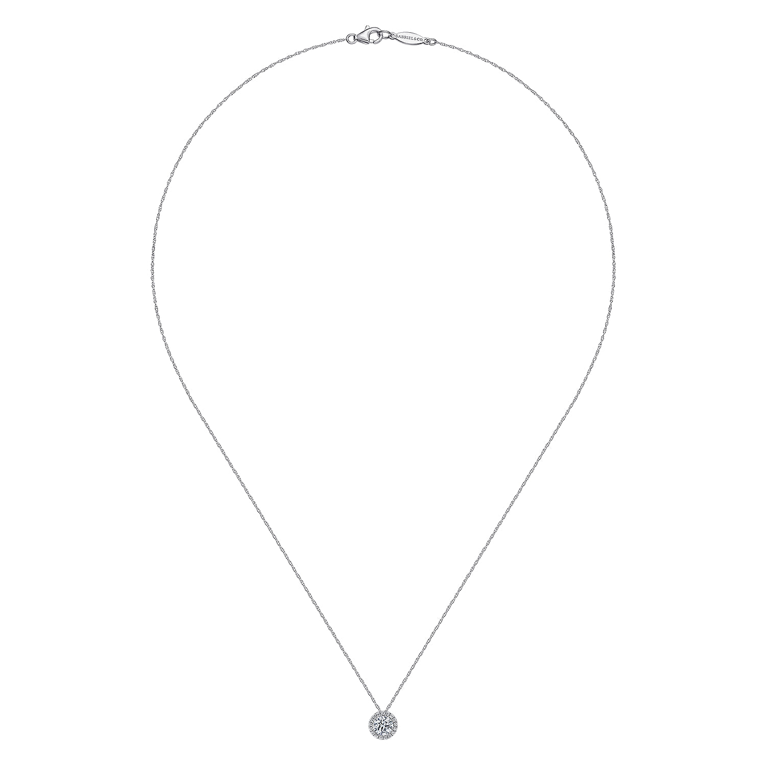 Round White Sapphire and Diamond Halo Necklace 4mm white sapphire center stone in 14K White Gold, photograph 2