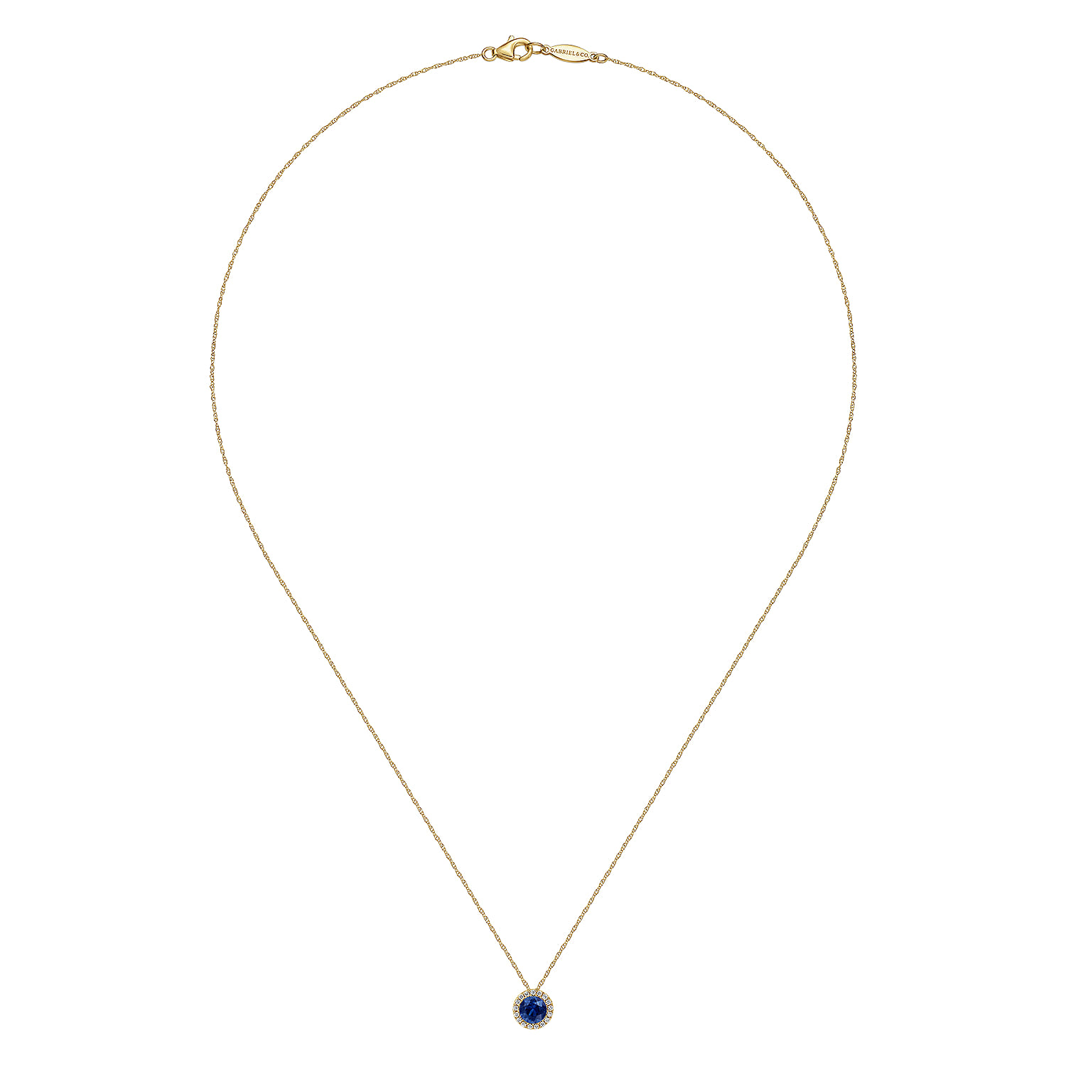 Blue Sapphire and Diamond Halo Pendant Necklace in 14K Yellow Gold, photograph 2