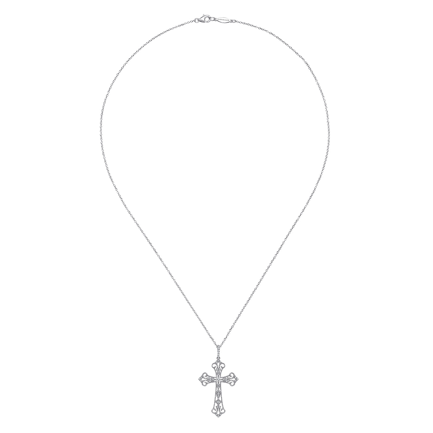 18 inch Diamond Filigree Cross Pendant Necklace in 14K White Gold, photograph 2