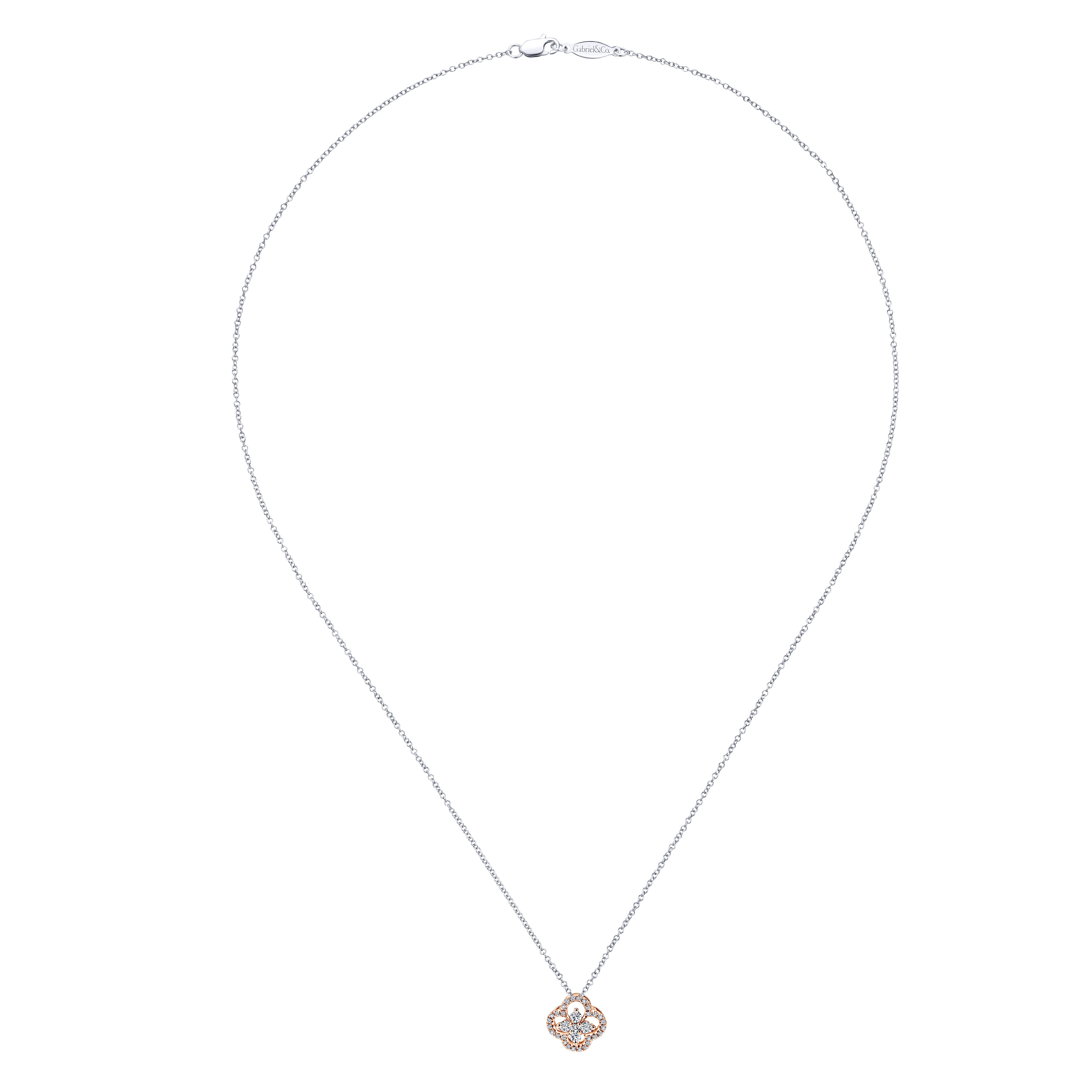 18 inch Open Clover Diamond Pendant Necklace in 14K White/Rose Gold, photograph 2