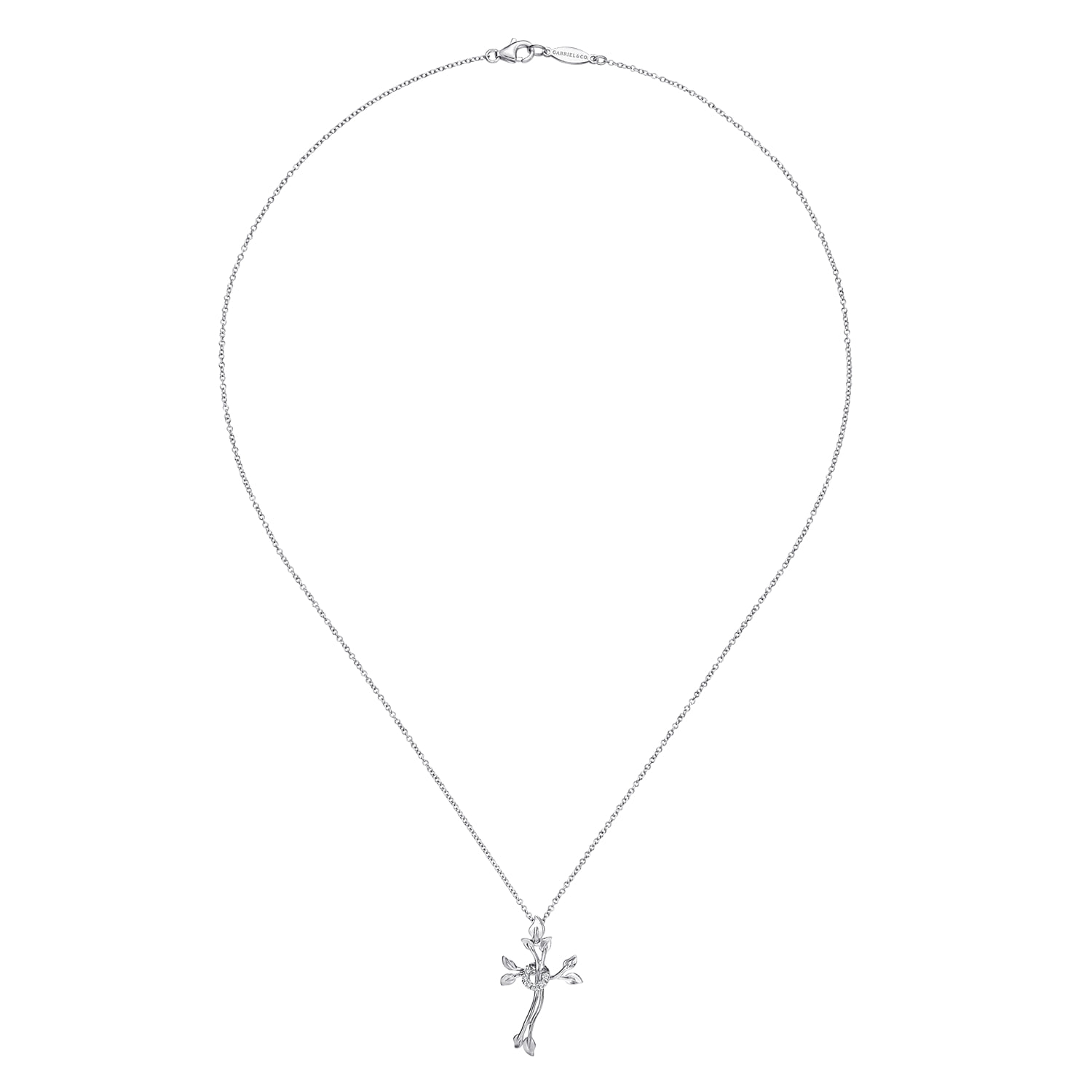 18 inch Twisted Wreath Cross Pendant with Diamond and Leaf Accents in Sterling Silver, photograph 2