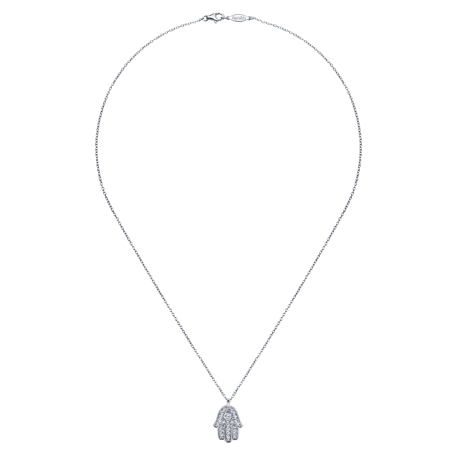 18 inch Pave Diamond Hamsa Pendant Necklace in 14K White Gold, photograph 2