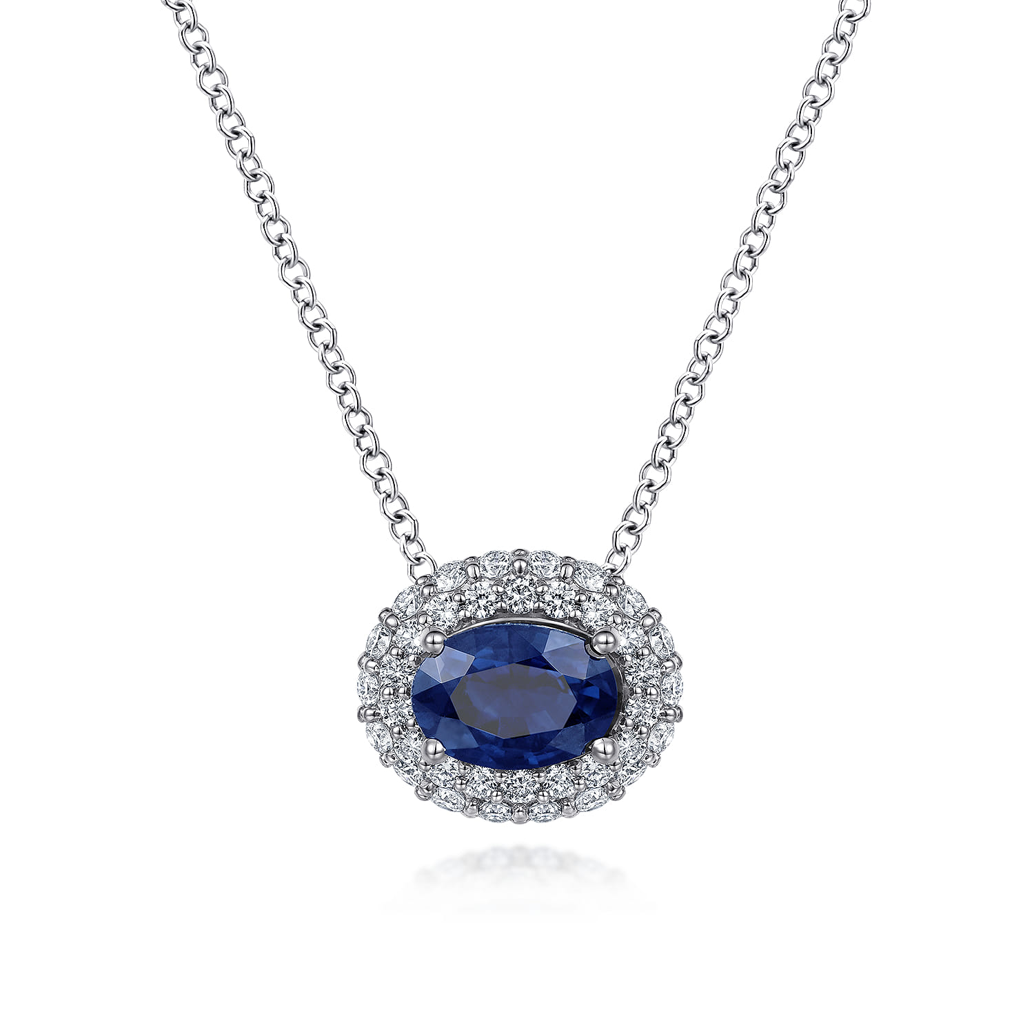 18 inch Oval Sapphire and Diamond Halo Pendant Necklace