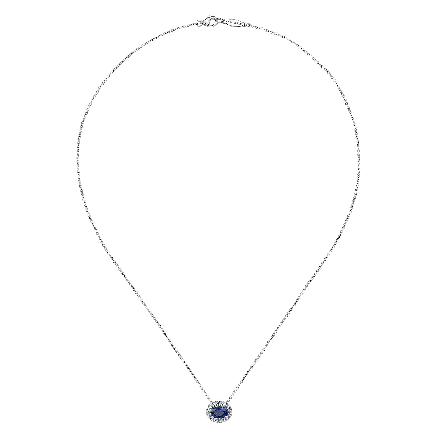 18 inch Oval Sapphire and Diamond Halo Pendant Necklace in 14K White Gold, photograph 2