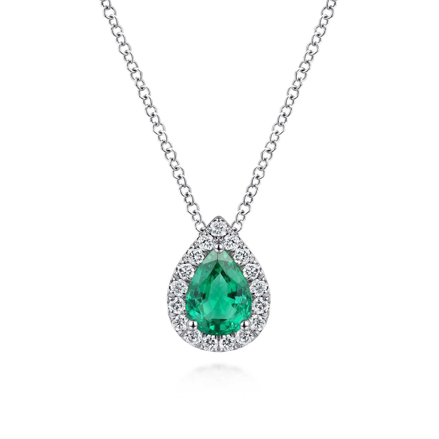 18 inch Pear Shaped Emerald and Diamond Halo Pendant Necklace